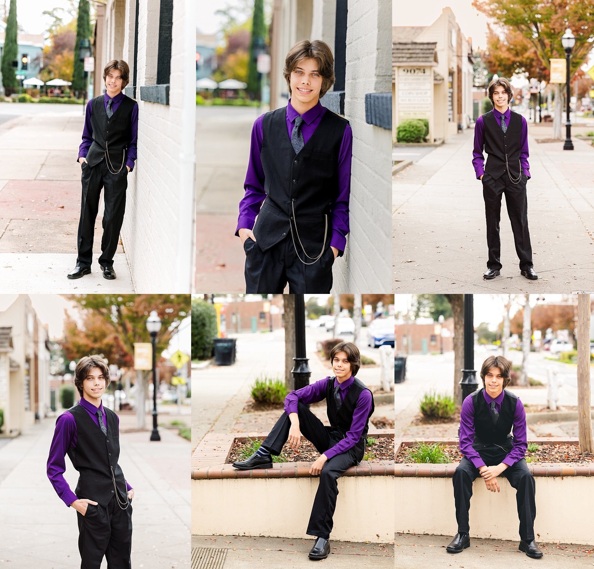 Senior portrait of Morgan Sherman Miller on the sidewalk in Old Elk Grove, including standing and seated poses near a planter box