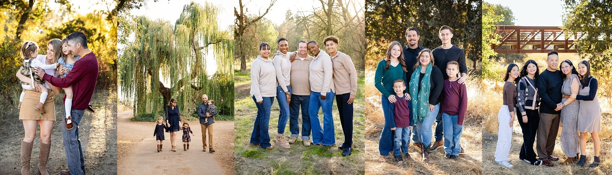 Collage of families of different ages photographed during outdoor family portrait sessions