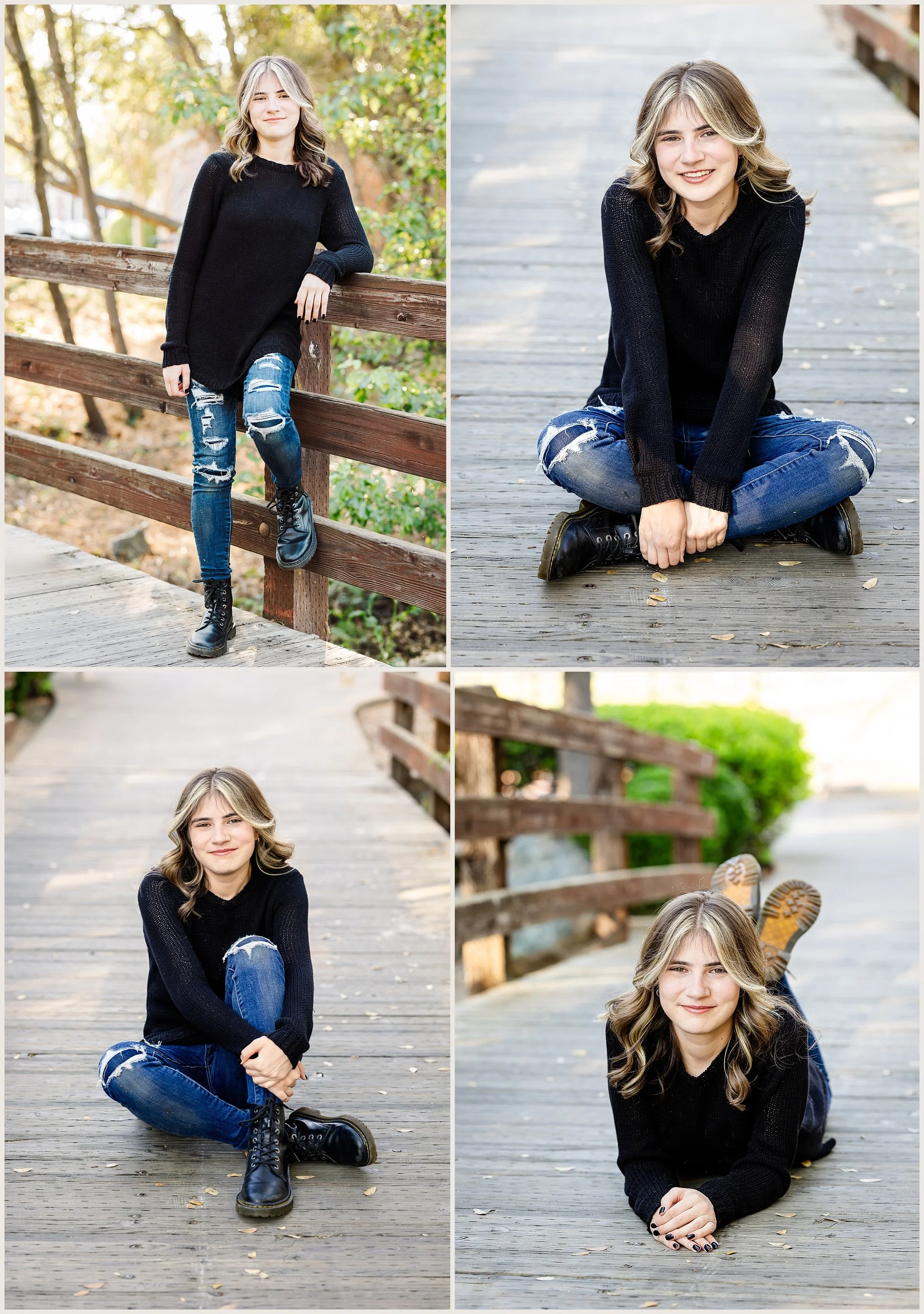 Senior girl sitting on wooden bridge wearing black sweater ripped jeans and Doc Martens in Rancho Murieta