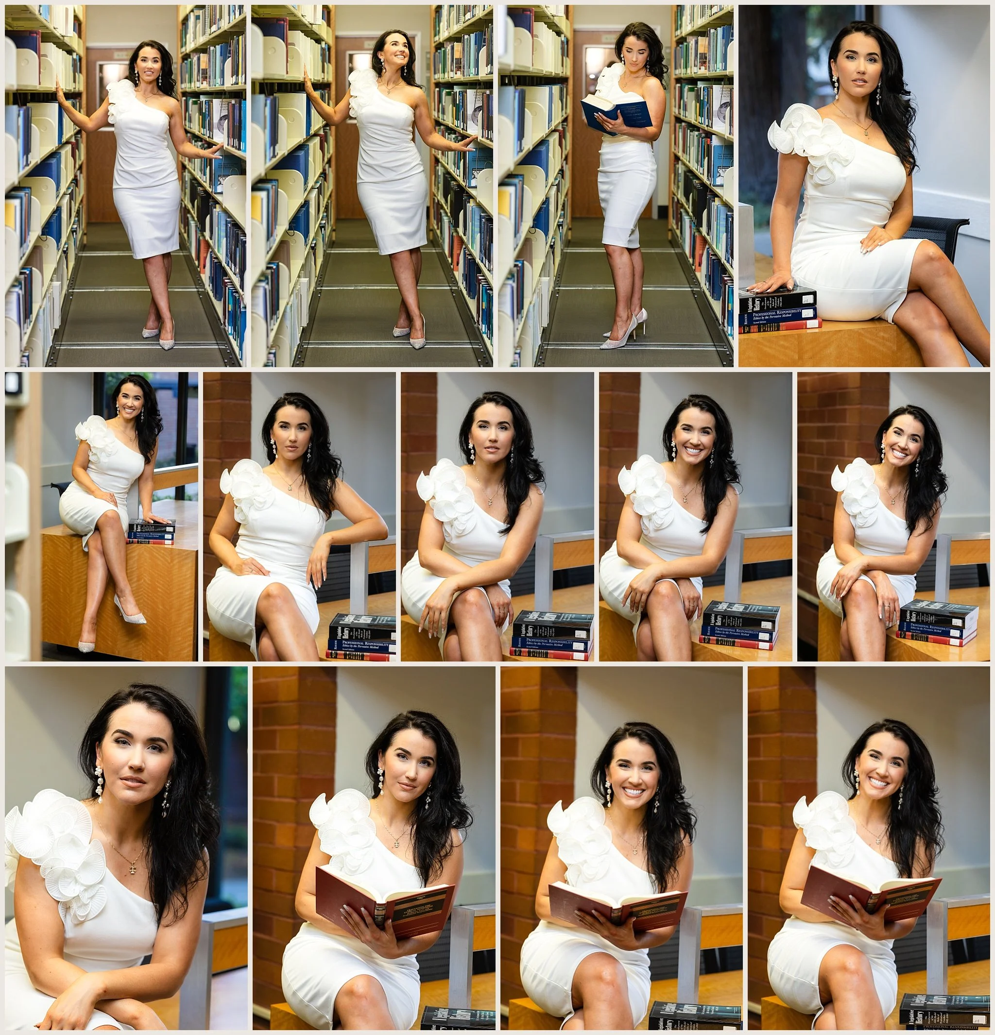 Whitney walking and posing confidently in the McGeorge library between bookshelves in her white dress