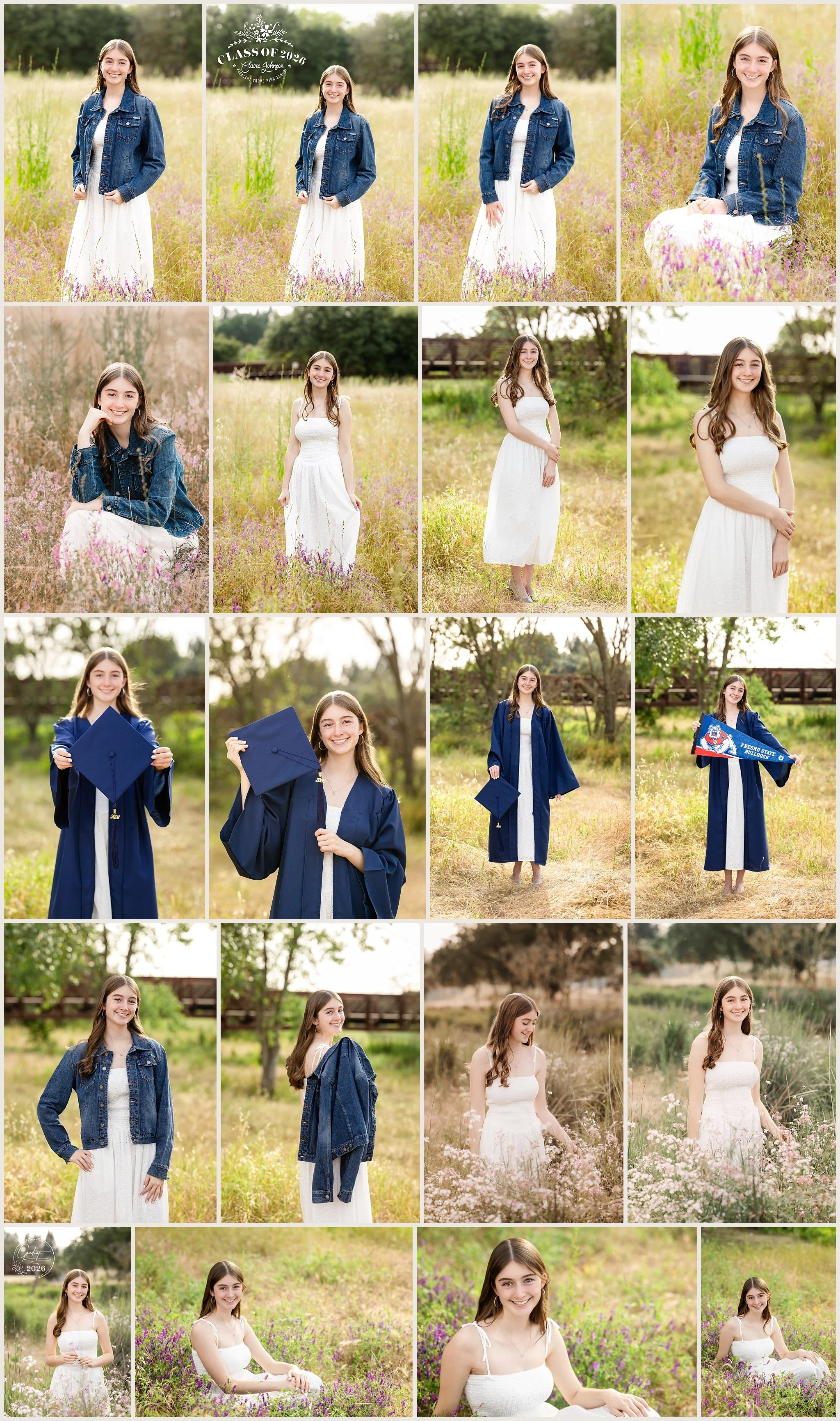 senior girl sitting in wildflowers wearing white dress at Jack Hill Park Elk Grove California
