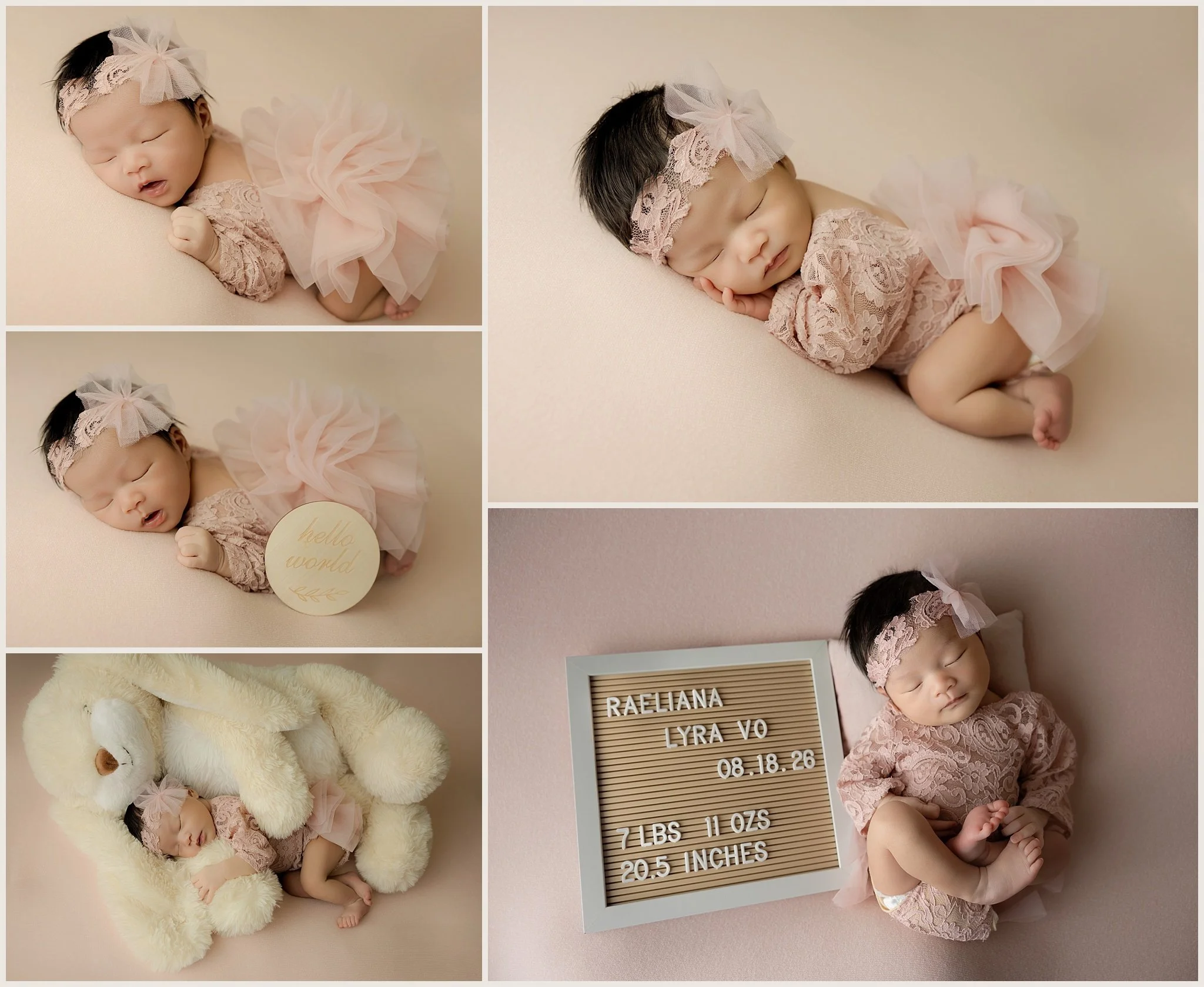 Raeliana wearing a pink lace newborn outfit with a hello world sign, her personalized birth announcement board, and an oversized cream bunny.