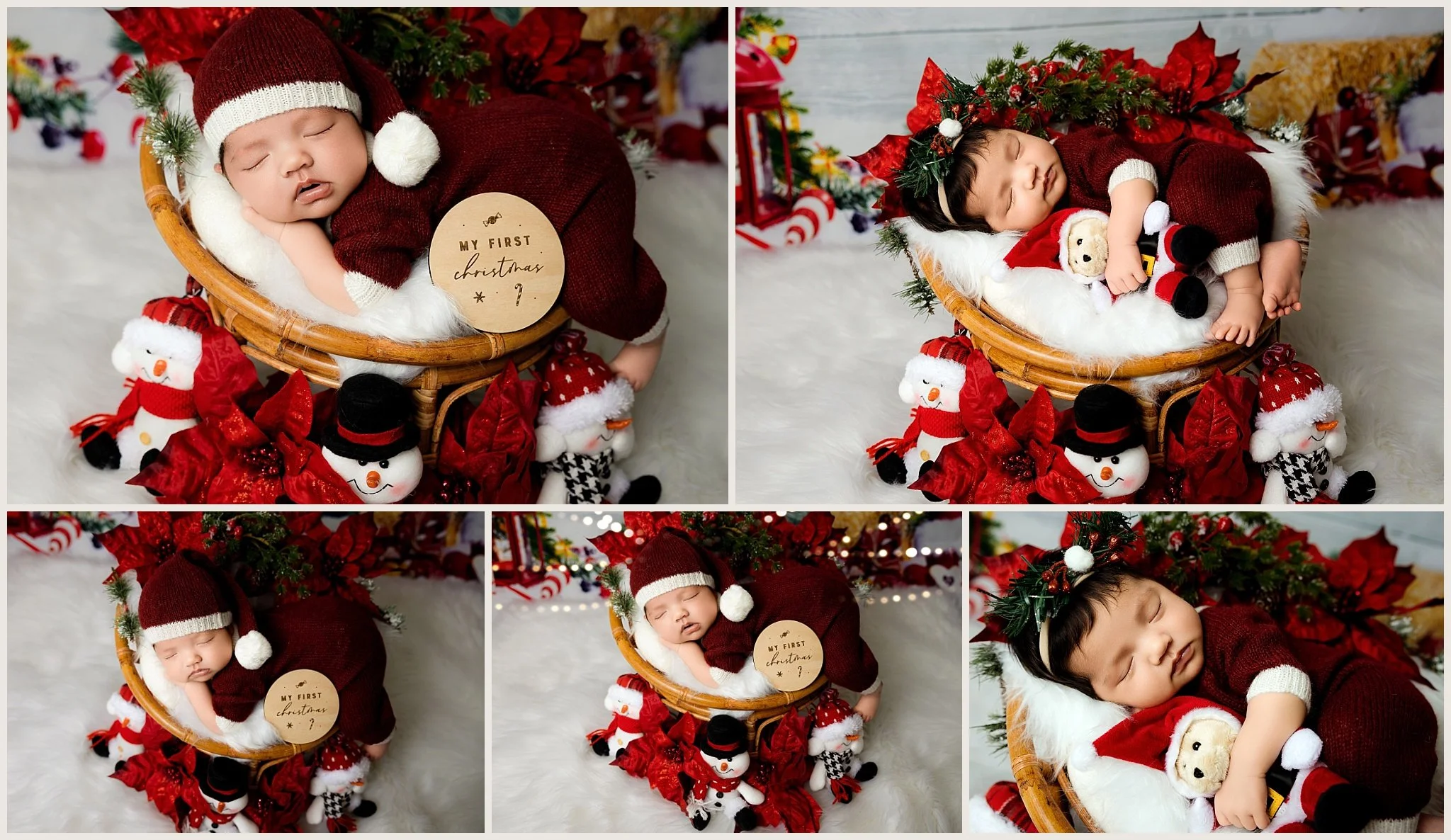 Sophie wearing a maroon outfit during her first Christmas newborn photo session