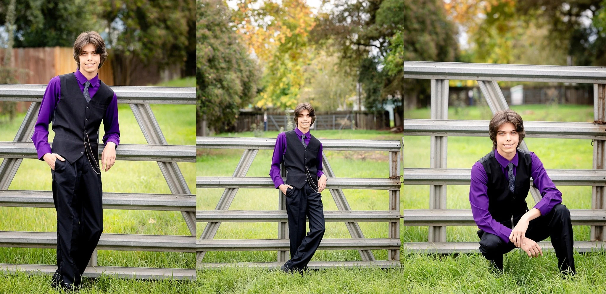 •	Morgan Sherman Miller posing near a metal gate with greenery during his senior portrait session in Old Elk Grove