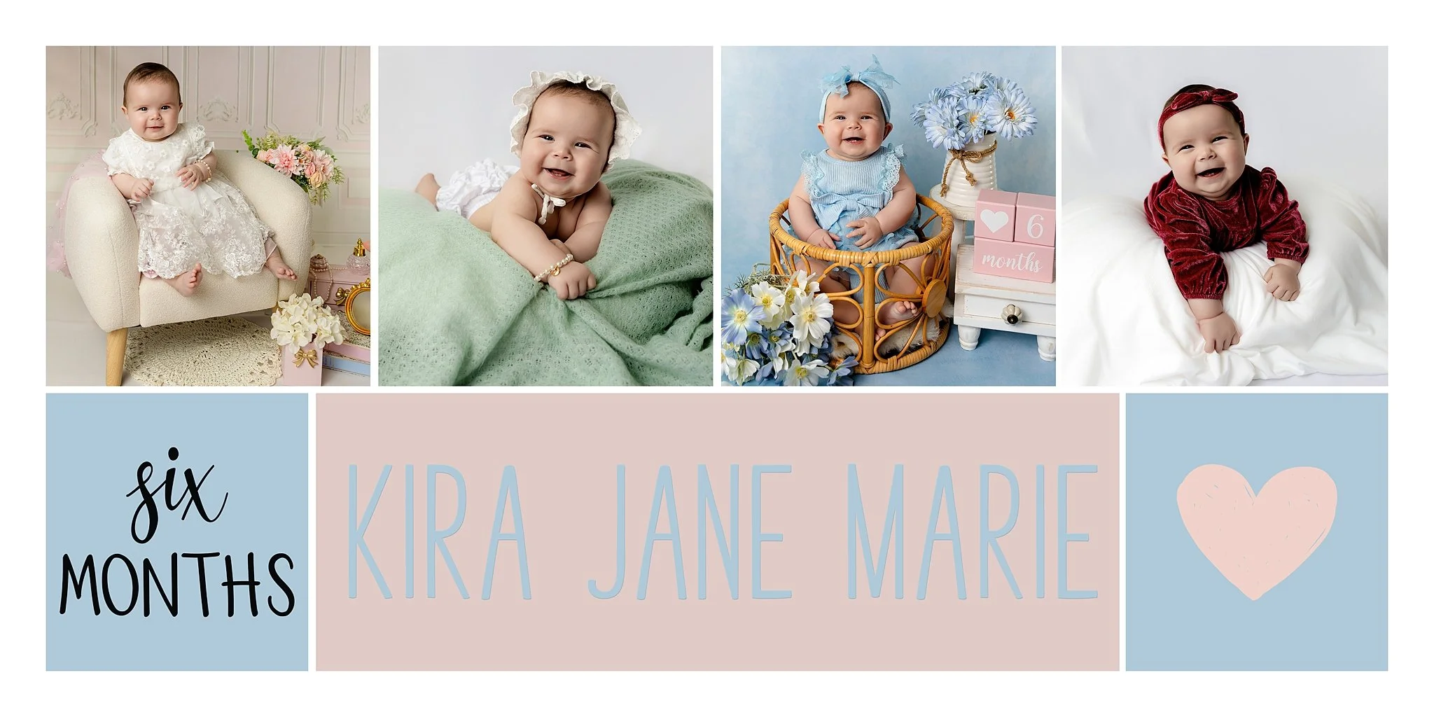 Collage from Kira Jane Marie Pearce’s 6-month milestone session in Elk Grove, California featuring multiple pastel studio setups and smiling baby portraits
