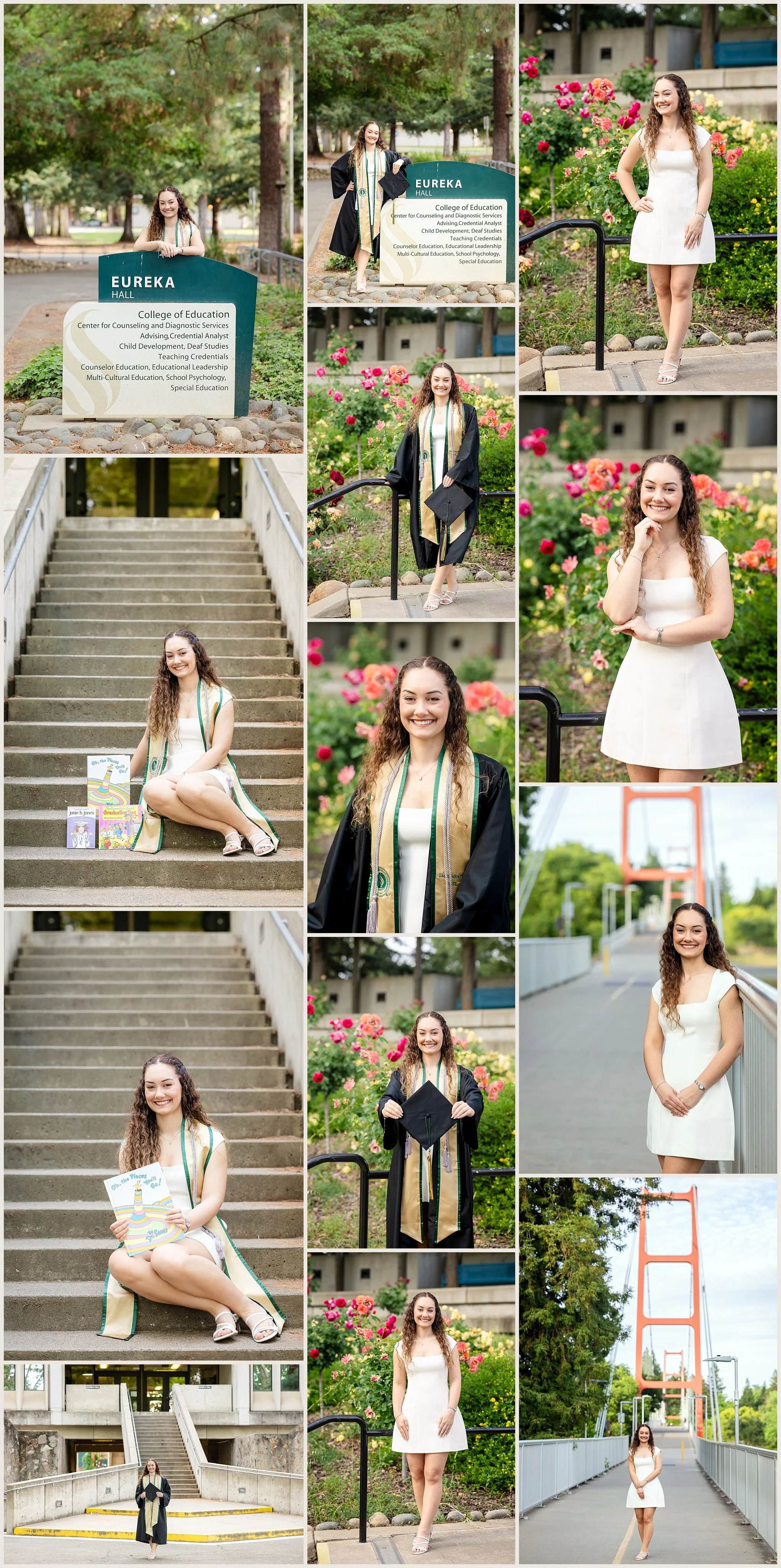 Sacramento State graduation photos at education building and rose garden for teaching major