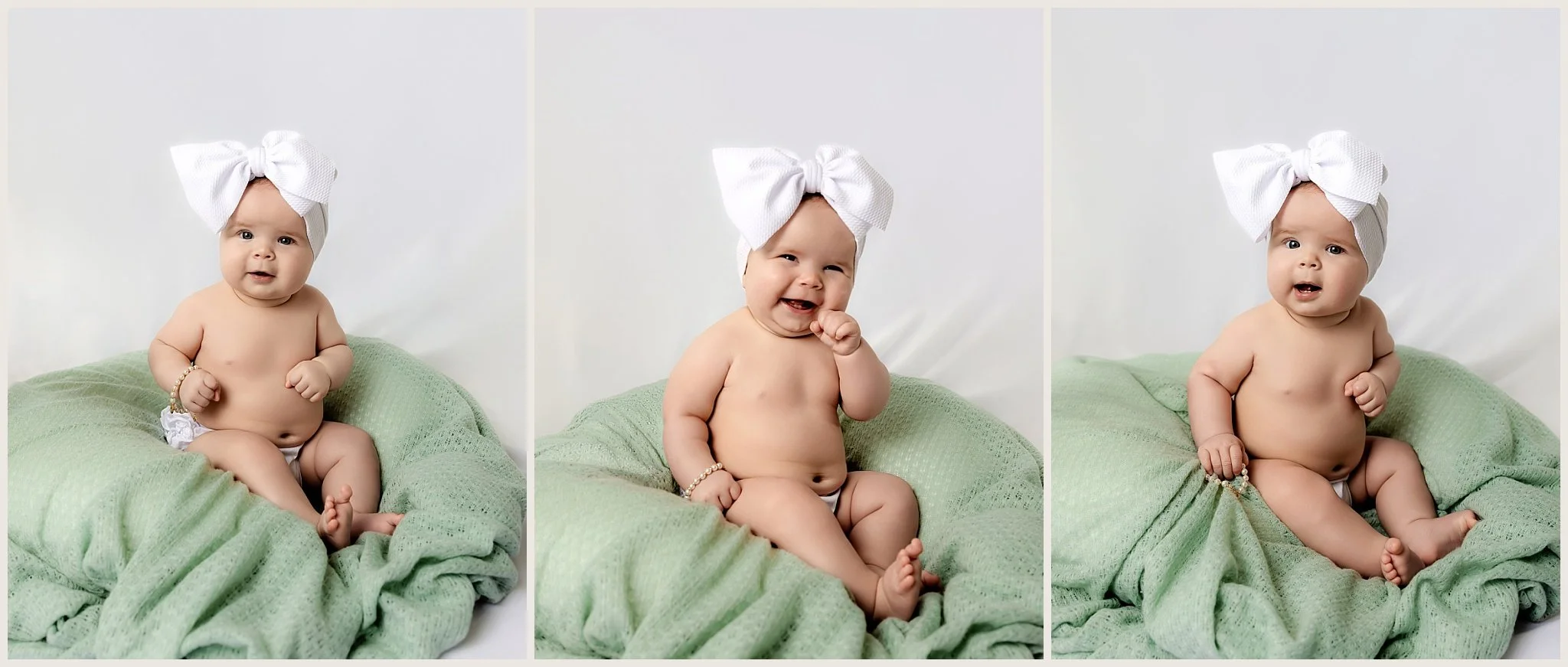 6 month old baby girl wearing white headband during milestone portraits in Elk Grove, California