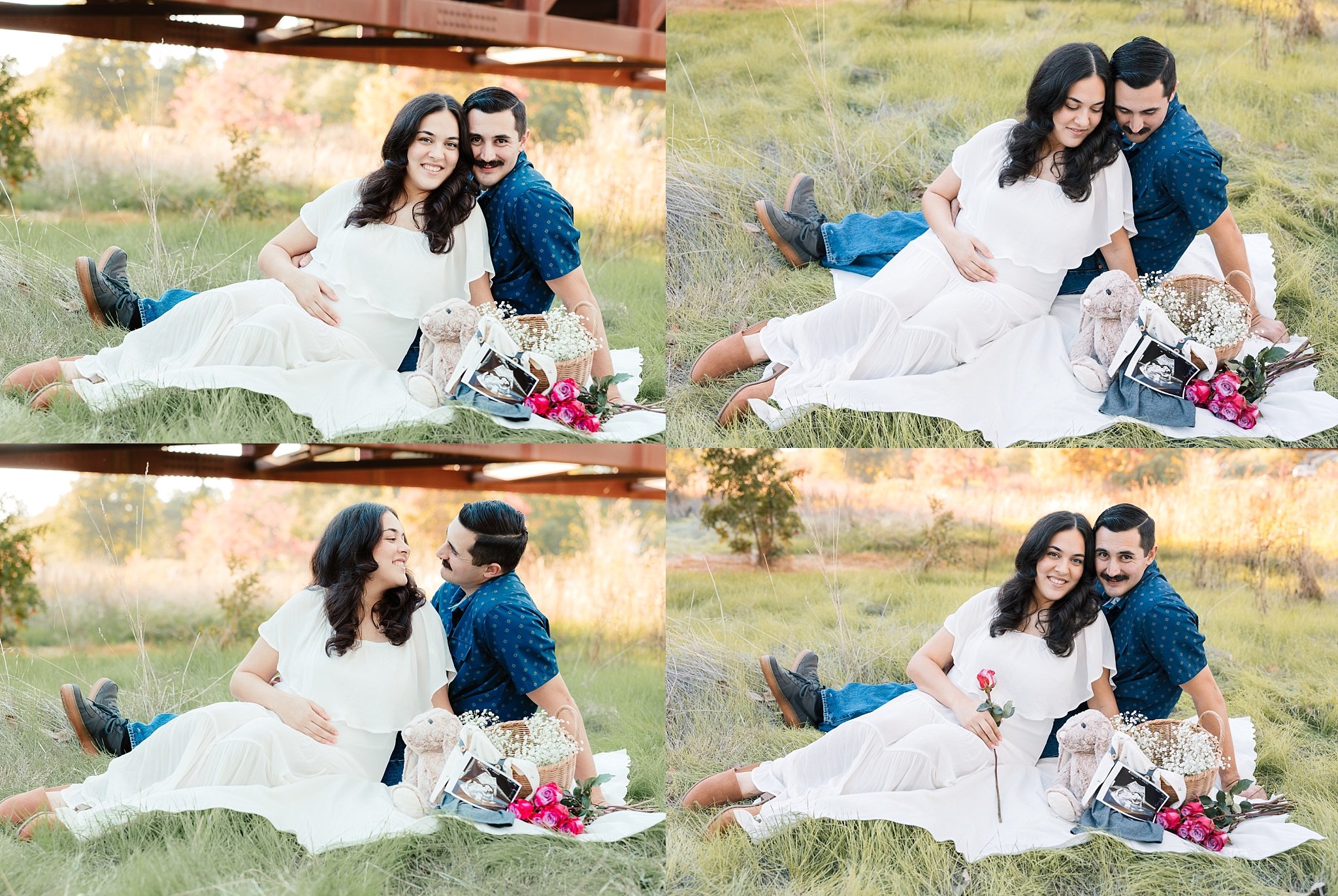 Outdoor maternity portraits in Elk Grove at Jack Hill Park featuring picnic blanket setup with baby outfit, stuffed animal, ultrasound photo, and pink florals