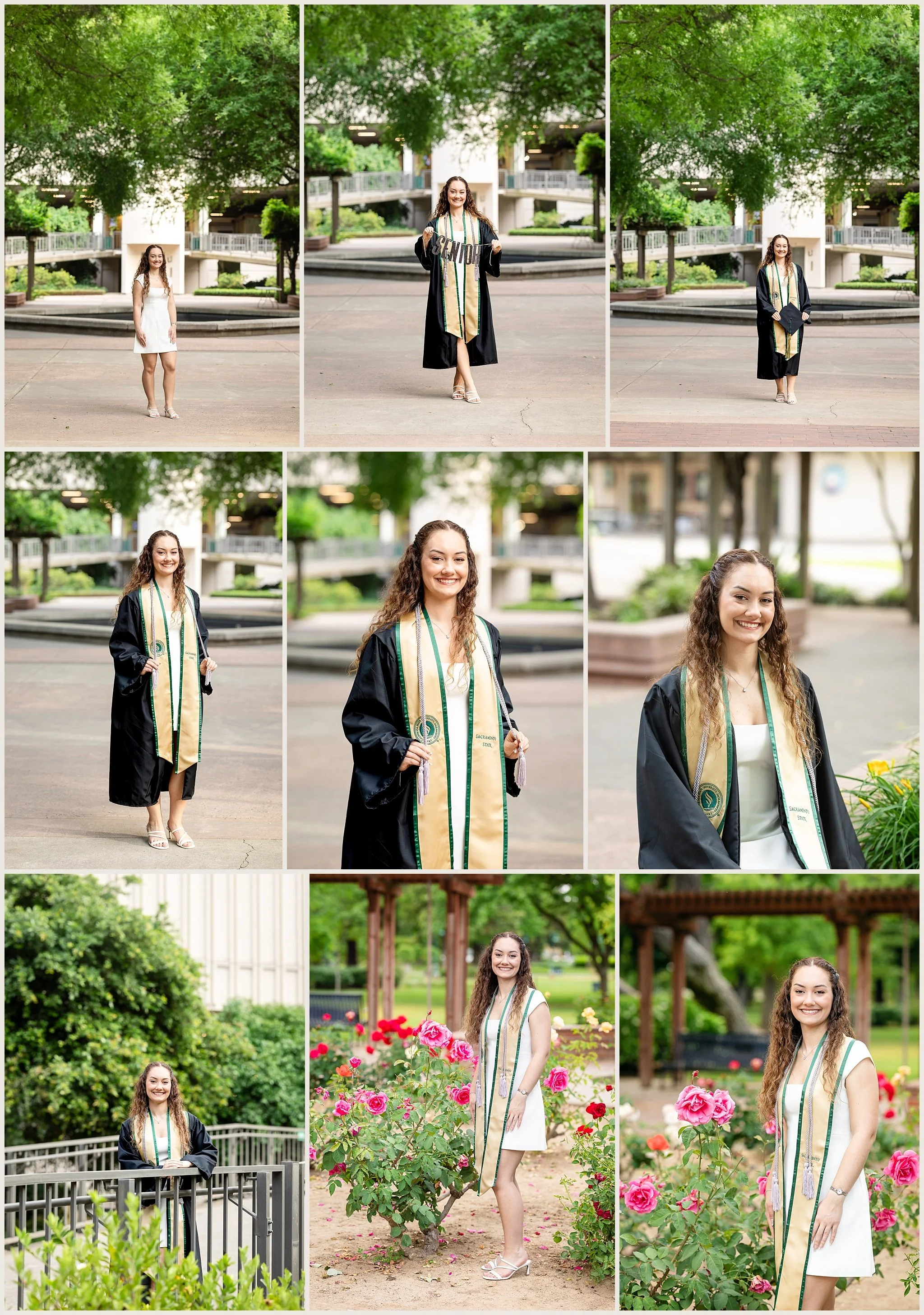 Sacramento State cap and gown photos of Grace Pettit with books and personal prop