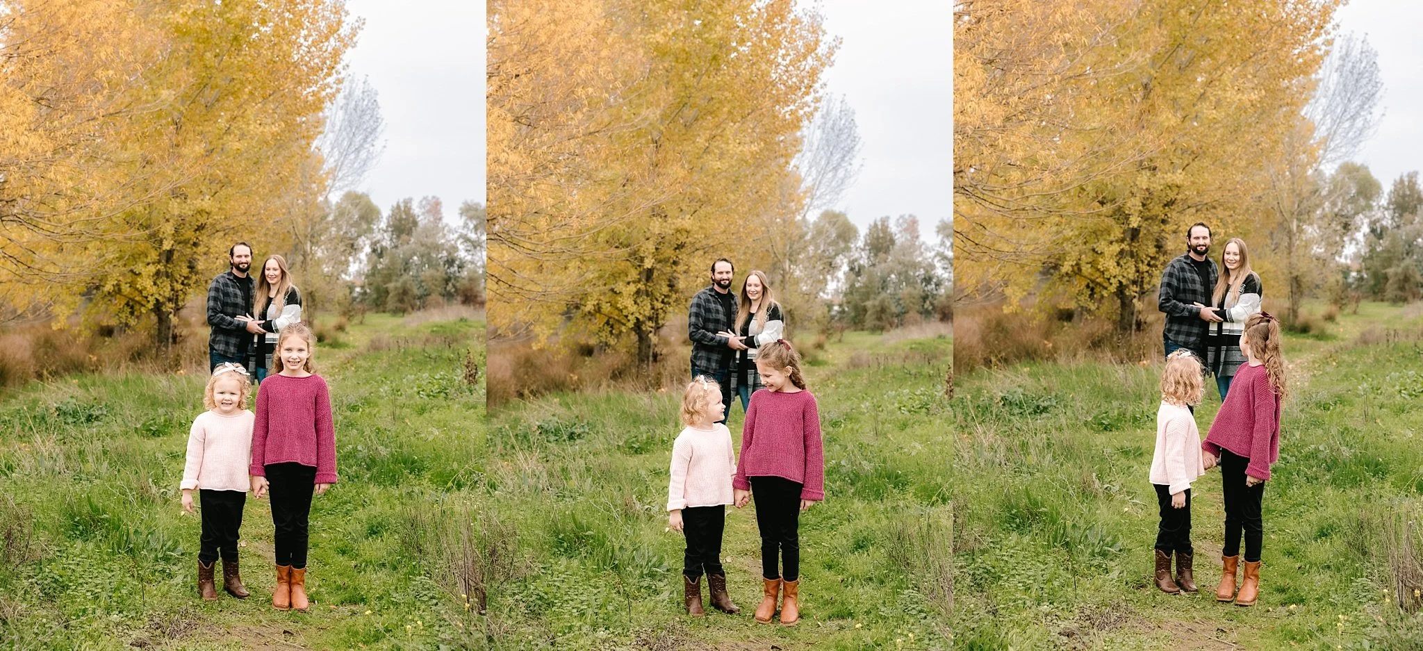 Bailey and Reagan standing together while their parents are behind them during a relaxed fall family session