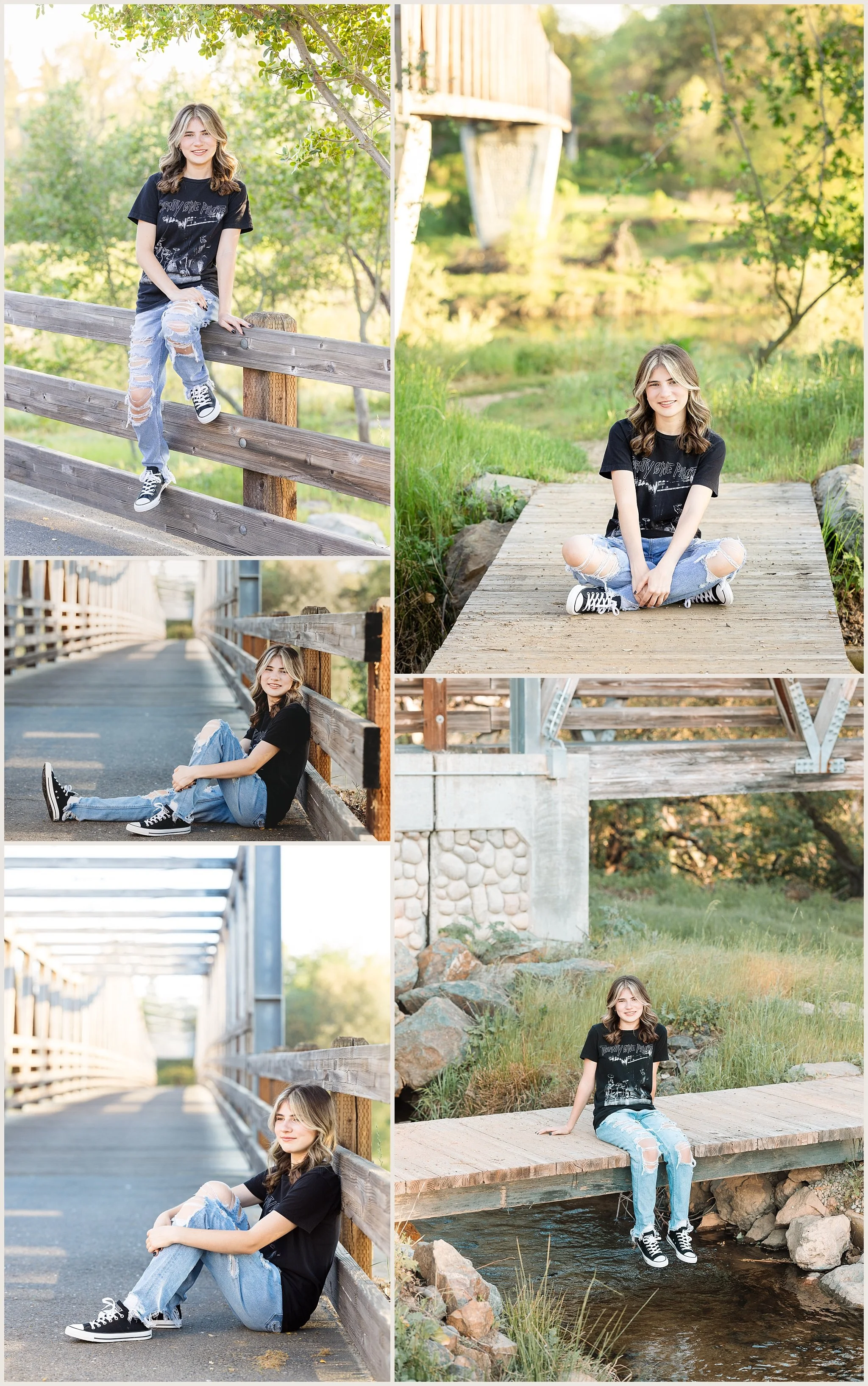 Senior girl posing on large wooden bridge with soft natural light in Rancho Murieta