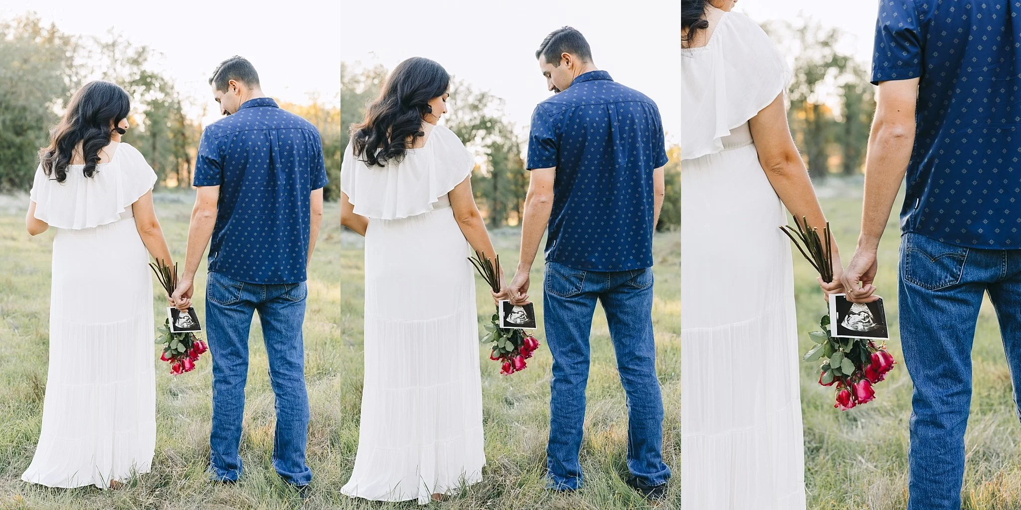 Elk Grove maternity session at Jack Hill Park featuring an expectant couple walking away holding pink roses and an ultrasound photo
