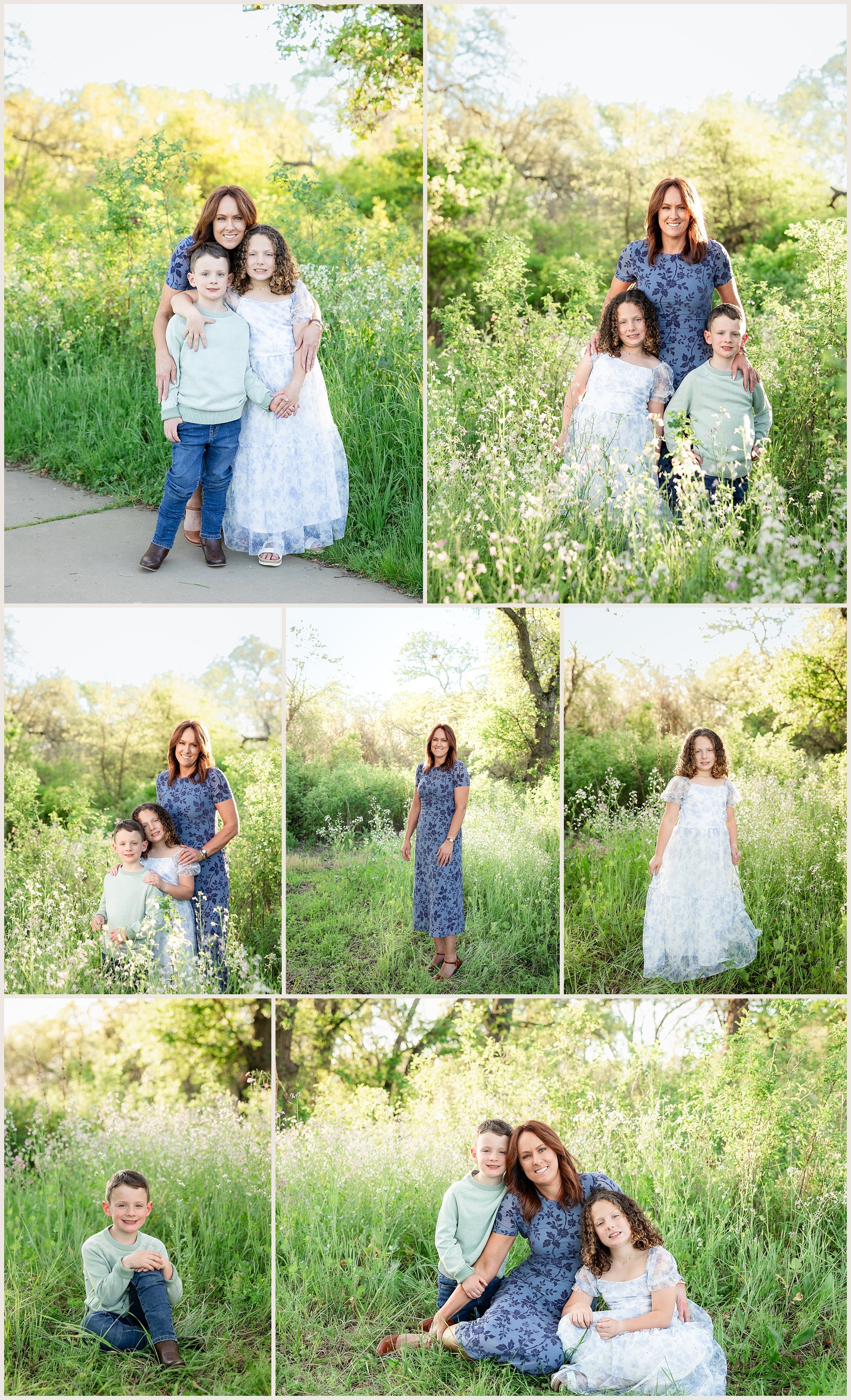 mom and kids in tall wildflowers during golden hour session Cosumnes River Preserve