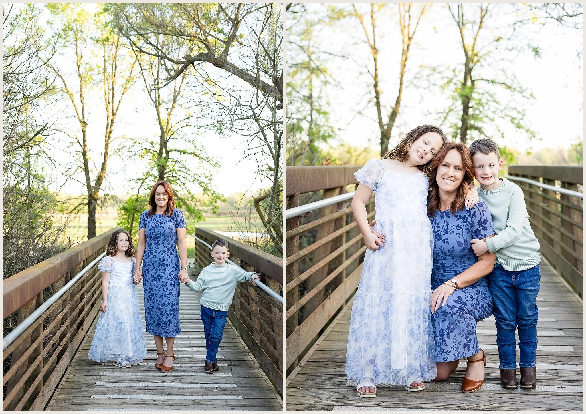 mom with two kids standing together on wooden bridge Cosumnes River Preserve Elk Grove