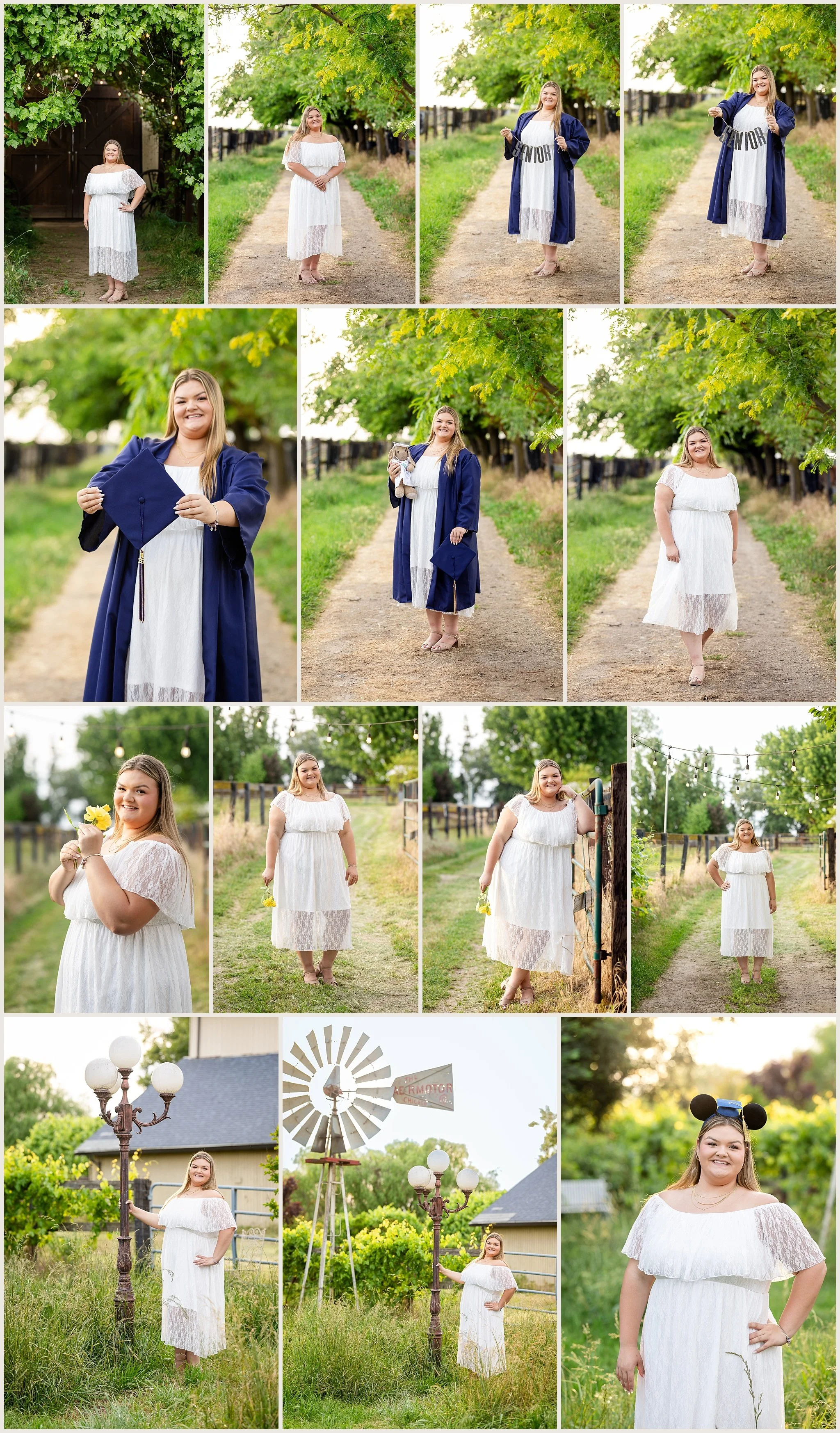 Olivia Pettit senior cap and gown photos at West 12 Ranch Elk Grove CA during golden hour