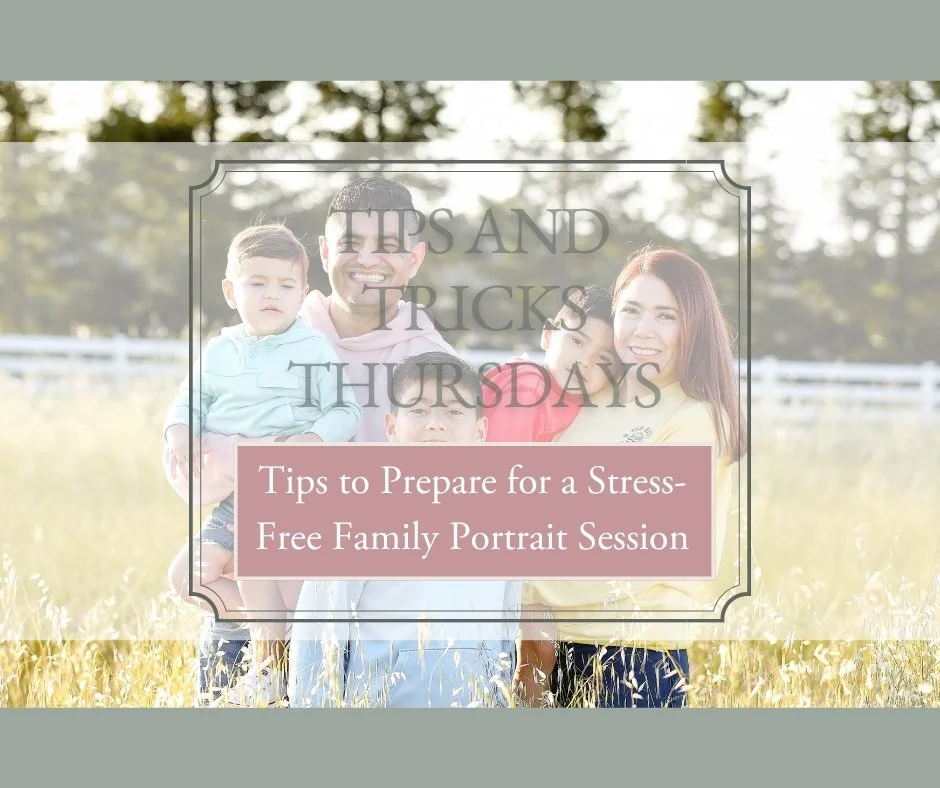 Family of four outdoors in Elk Grove featured in a graphic about preparing for a stress-free family portrait session.