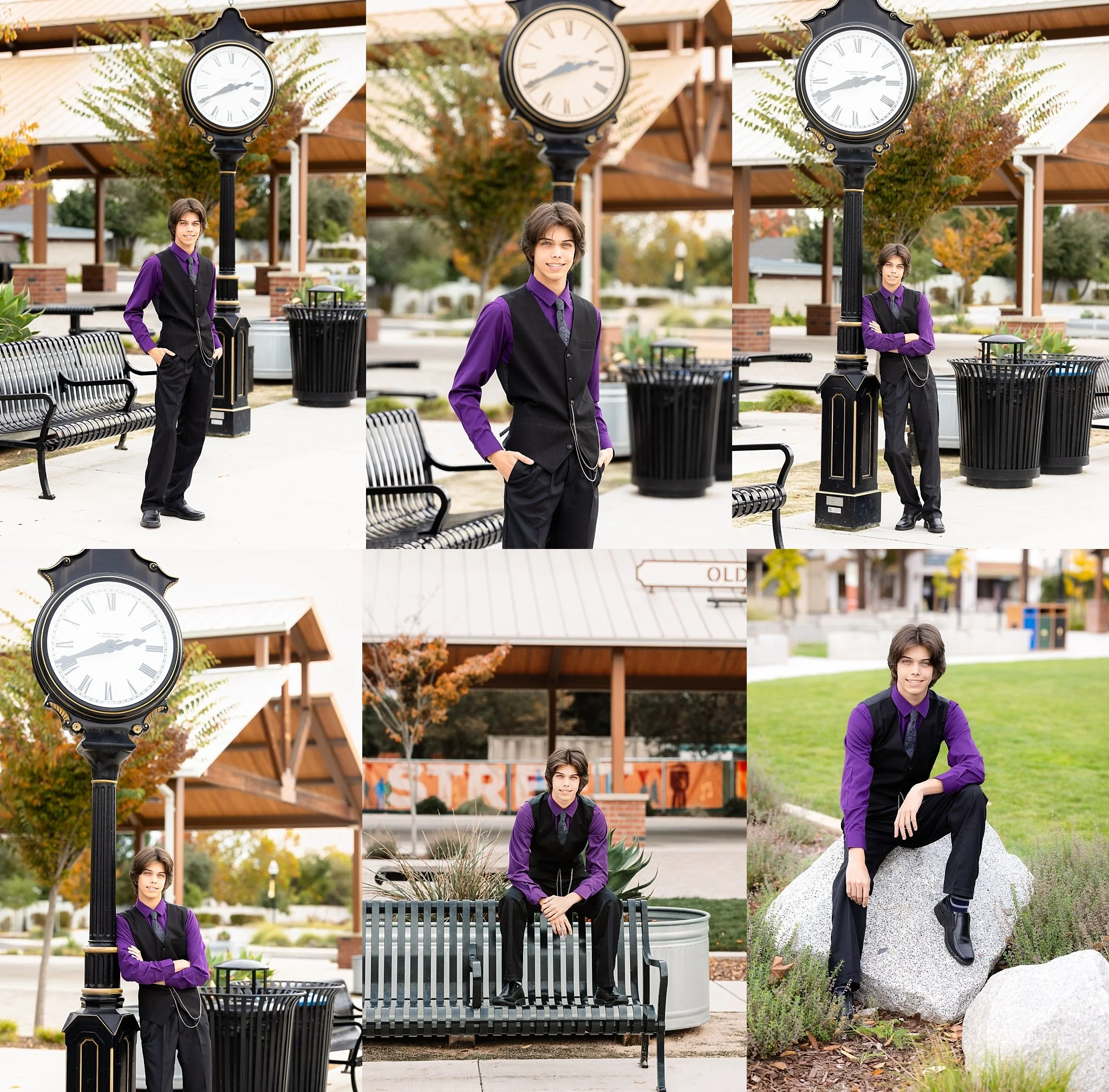 Senior portraits of Morgan standing near the large clock in Old Elk Grove and sitting nearby