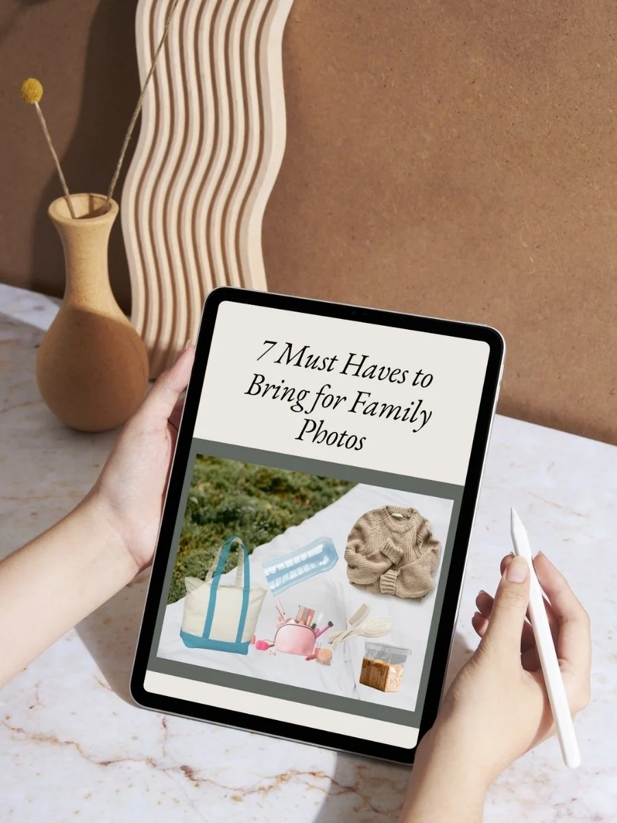 Tablet mockup showing the “7 Must Haves to Bring for Family Photos” family photo prep guide on screen.