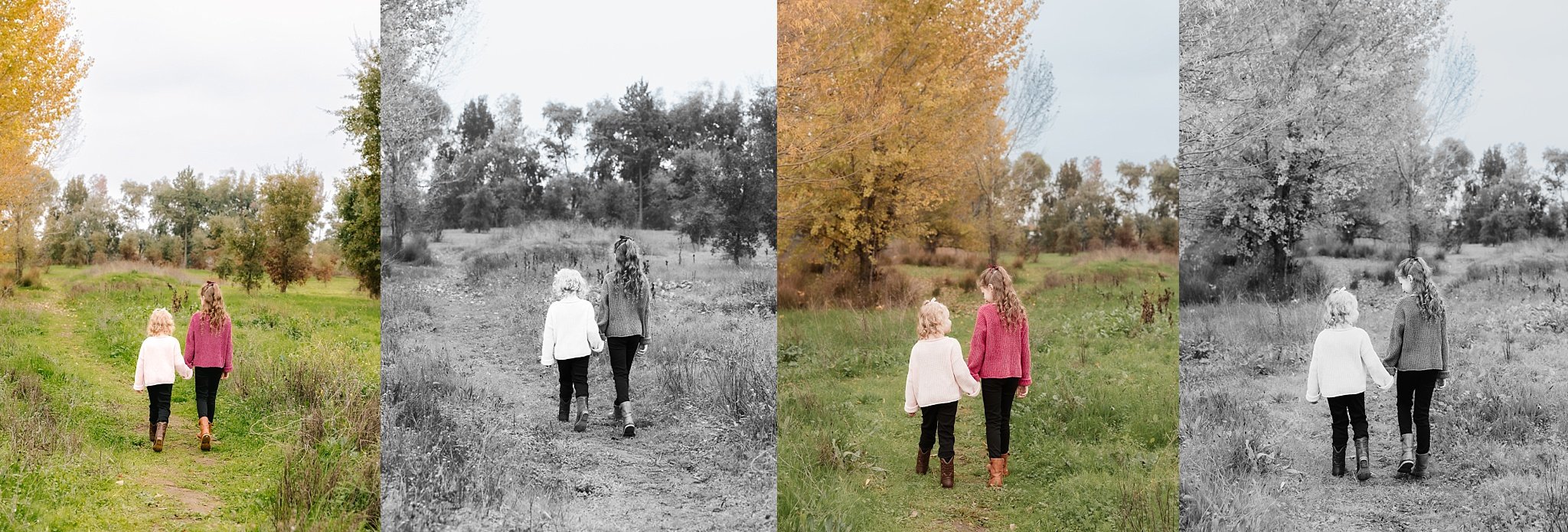 Sisters Bailey and Reagan walking hand in hand down a path during a fall family photo session