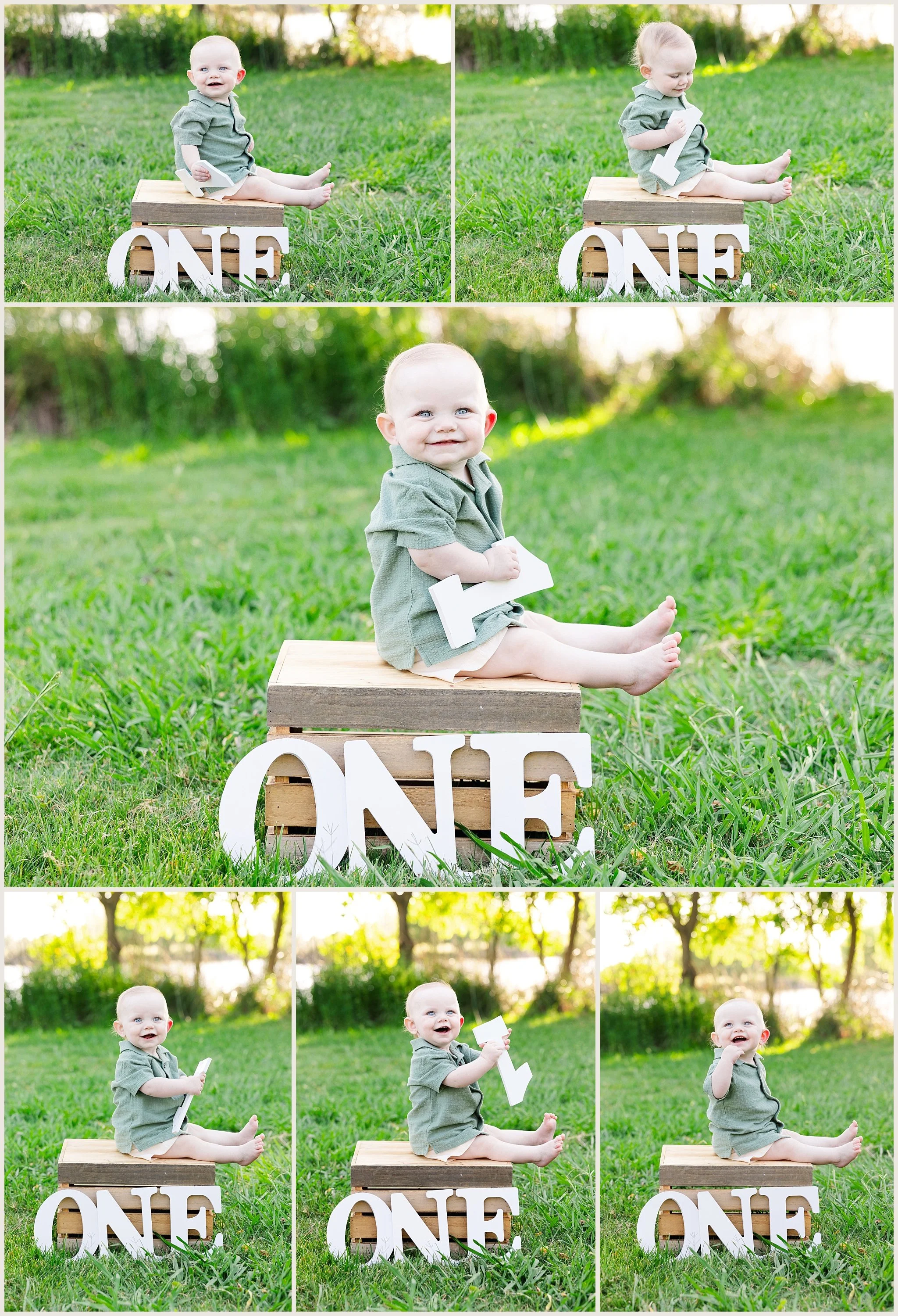 Jackson James Taylor-Smith sitting on a wooden crate with ONE letters during his milestone session in Elk Grove