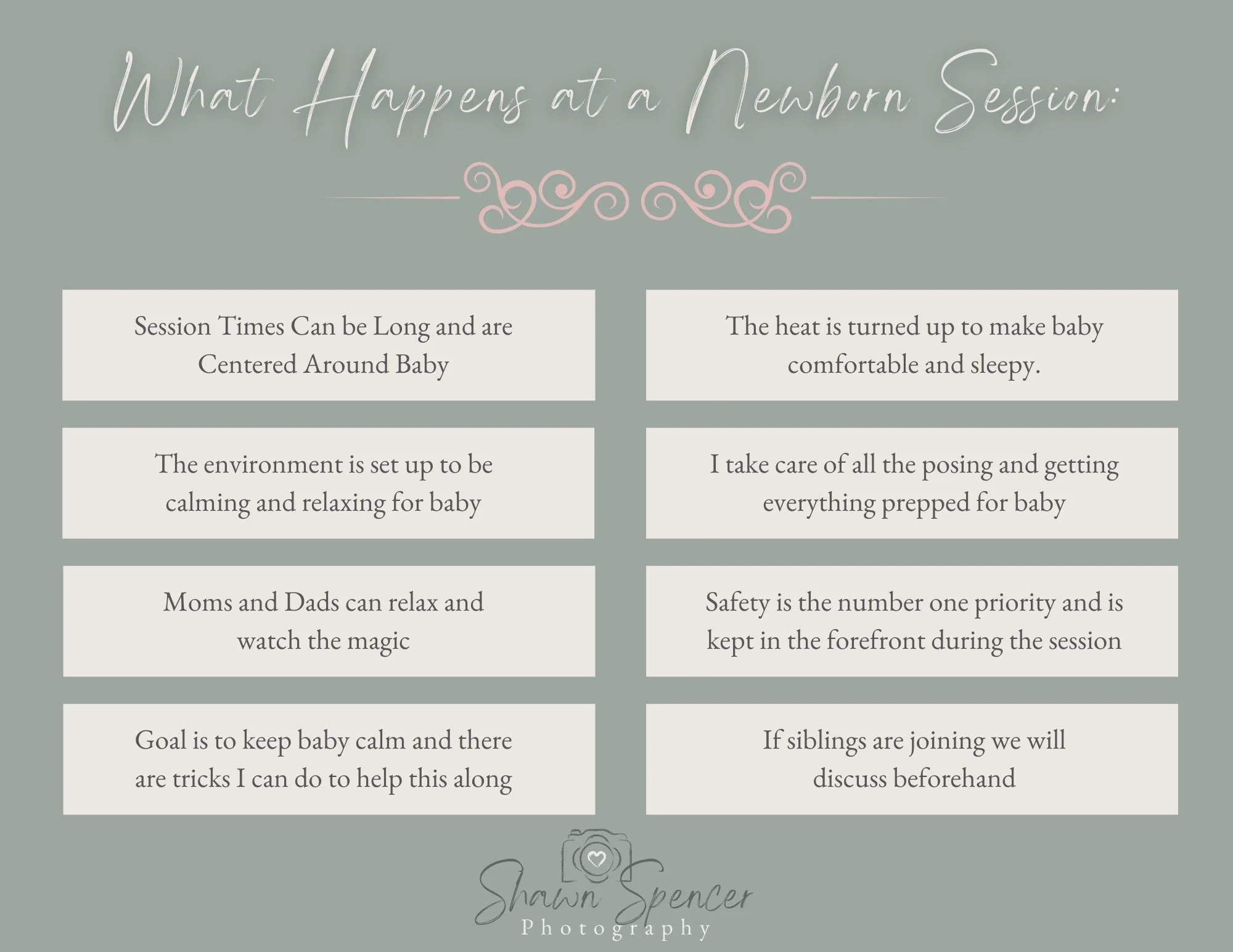 Infographic explaining what to expect during a newborn photography session, including baby-led pacing, comfort, posing, safety, soothing, and sibling photos.