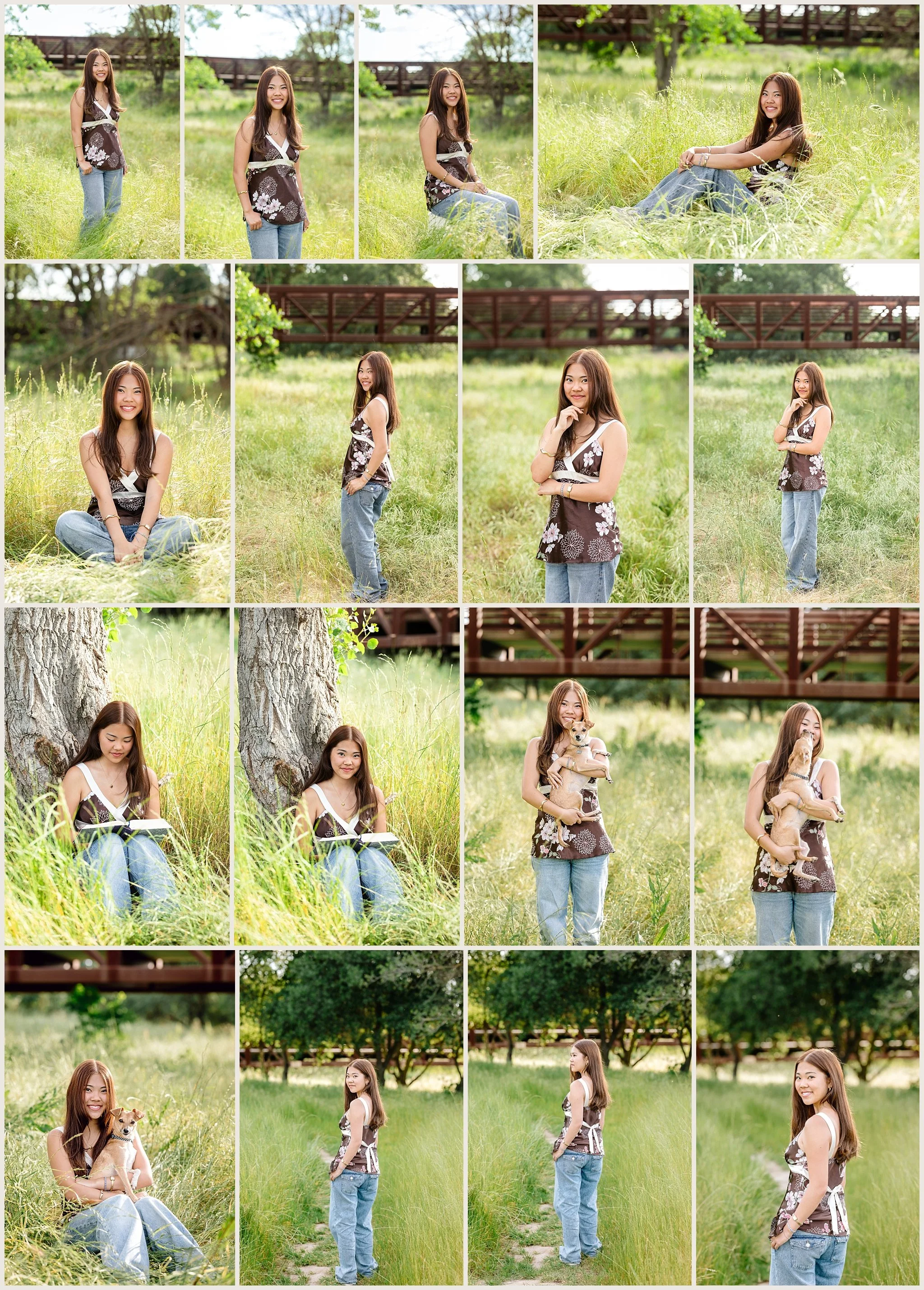 Senior photos in tall grass with bridge in background at Jack Hill Park Elk Grove