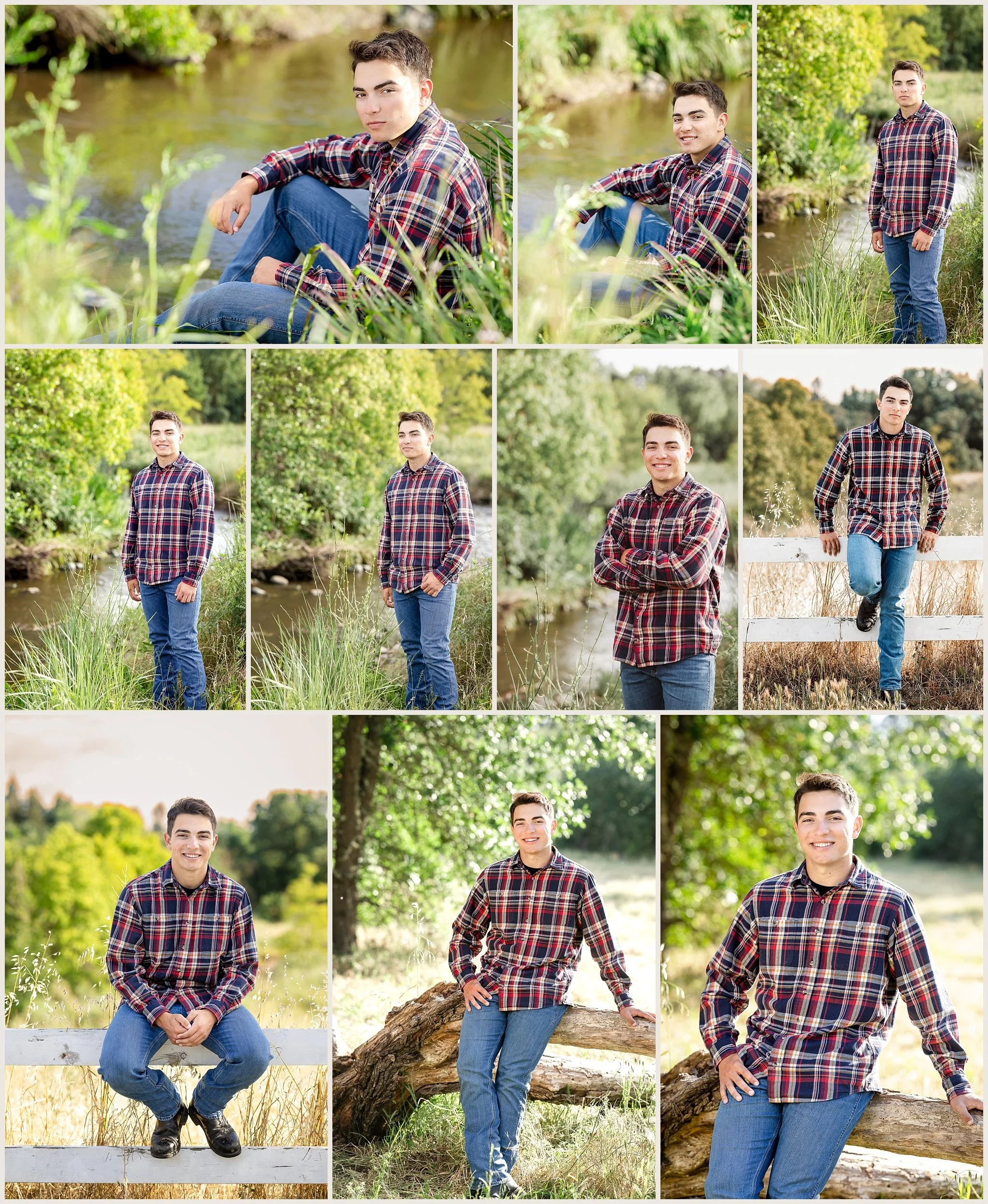 Senior portrait of Joey DeMarco near creek at Jack Hill Park Elk Grove
