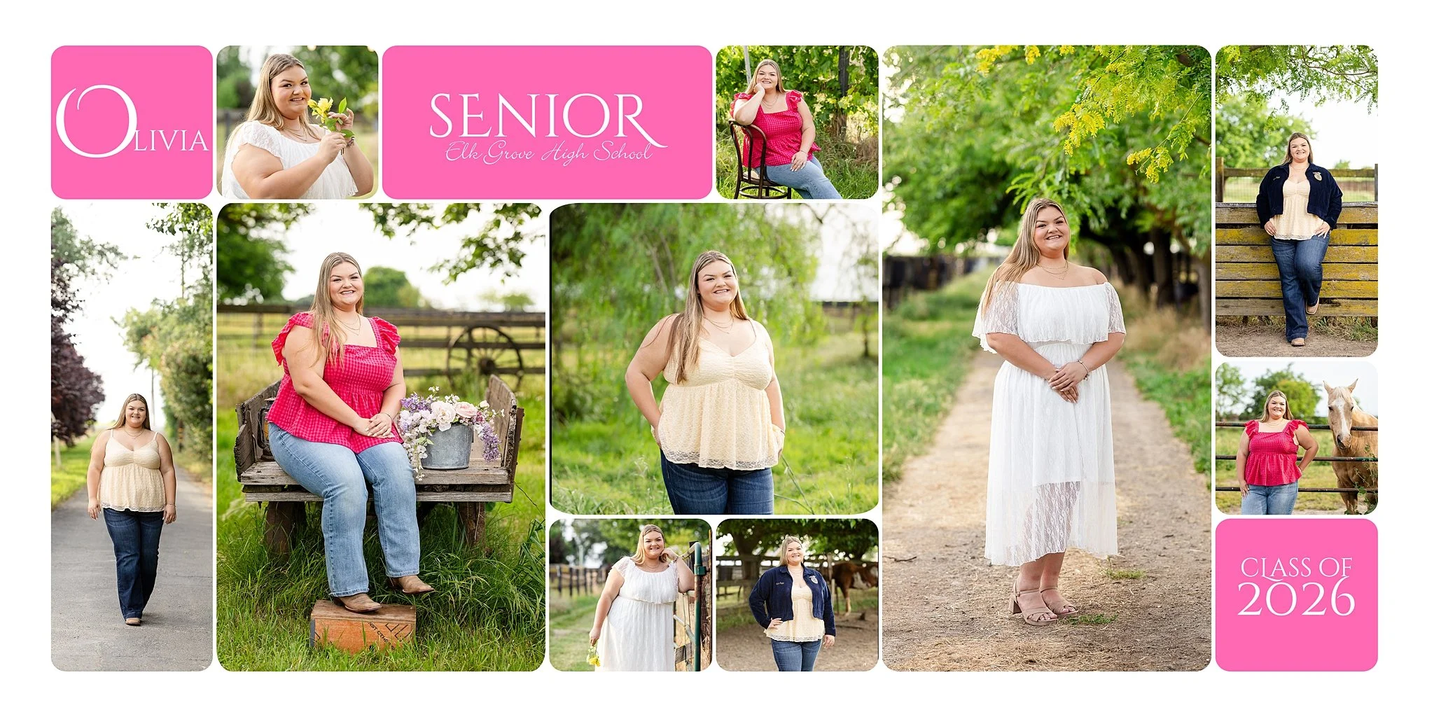Olivia Lynn Pettit senior photos at West 12 Ranch in Elk Grove CA collage featuring multiple outfits and locations