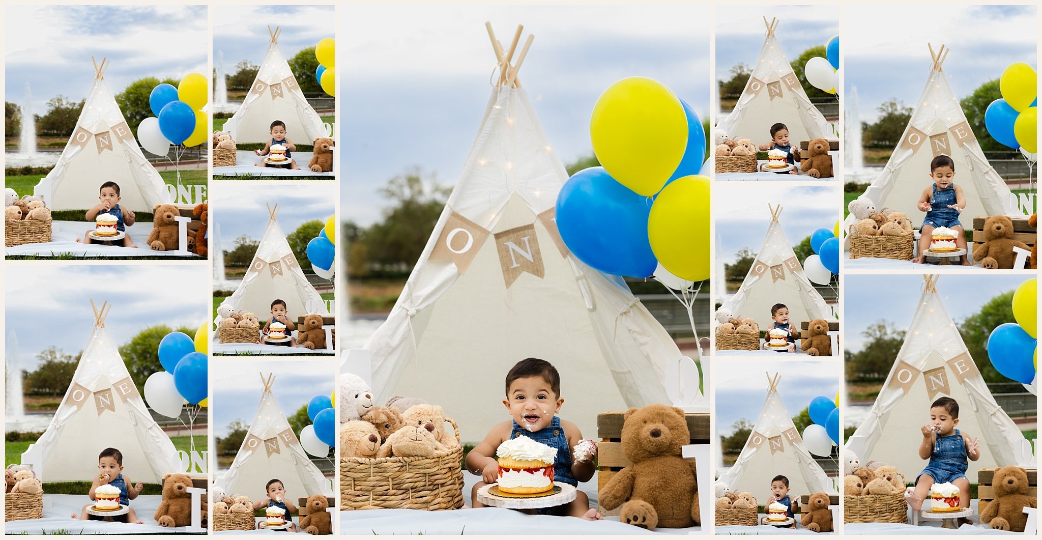 Collage of Ismail in blue overall shorts eating a strawberry cake beside a cream teepee with stuffed animals and blue, yellow, and white balloons.