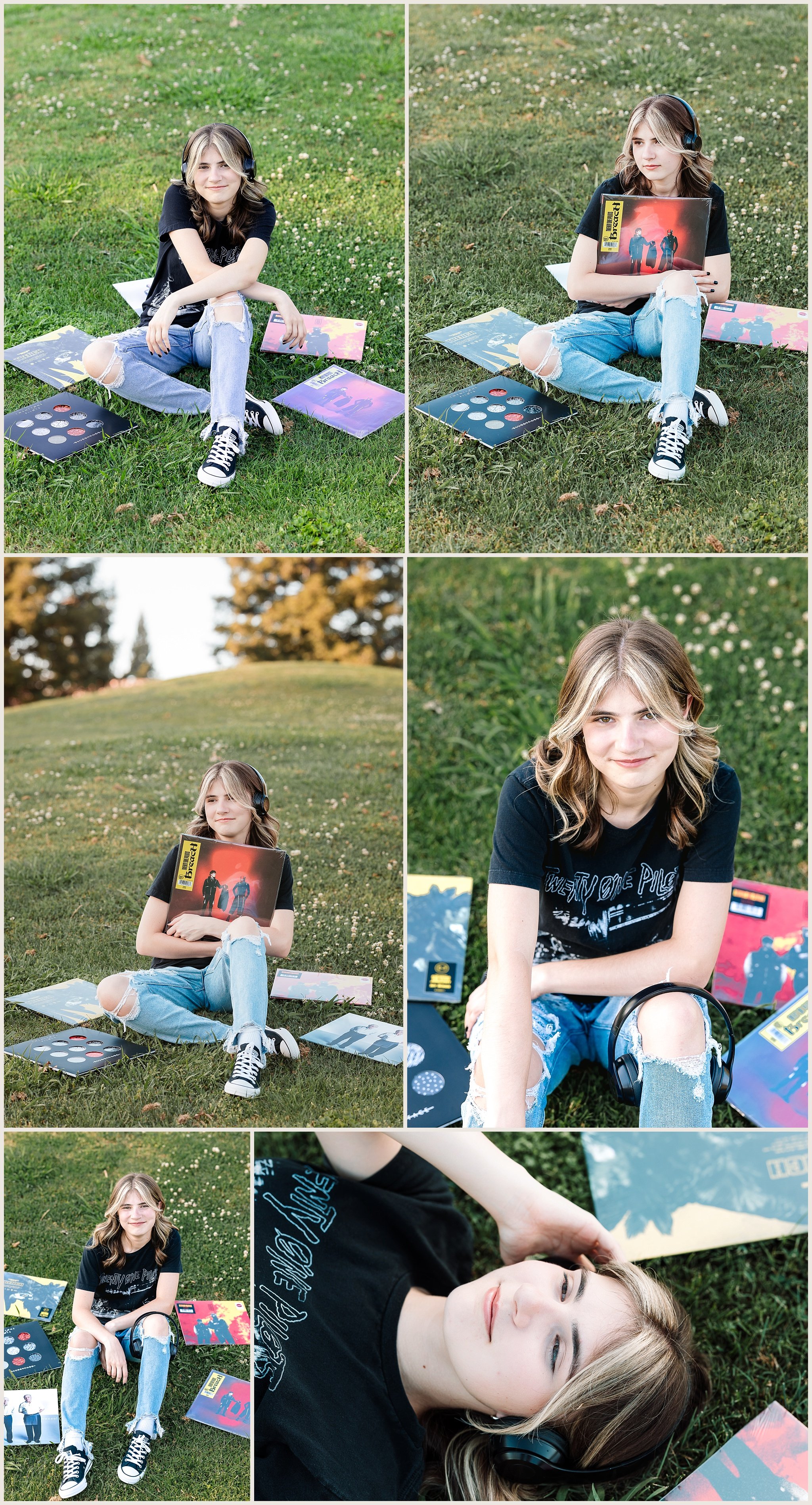 Senior girl sitting on grass with vinyl records headphones wearing Twenty One Pilots shirt during senior session