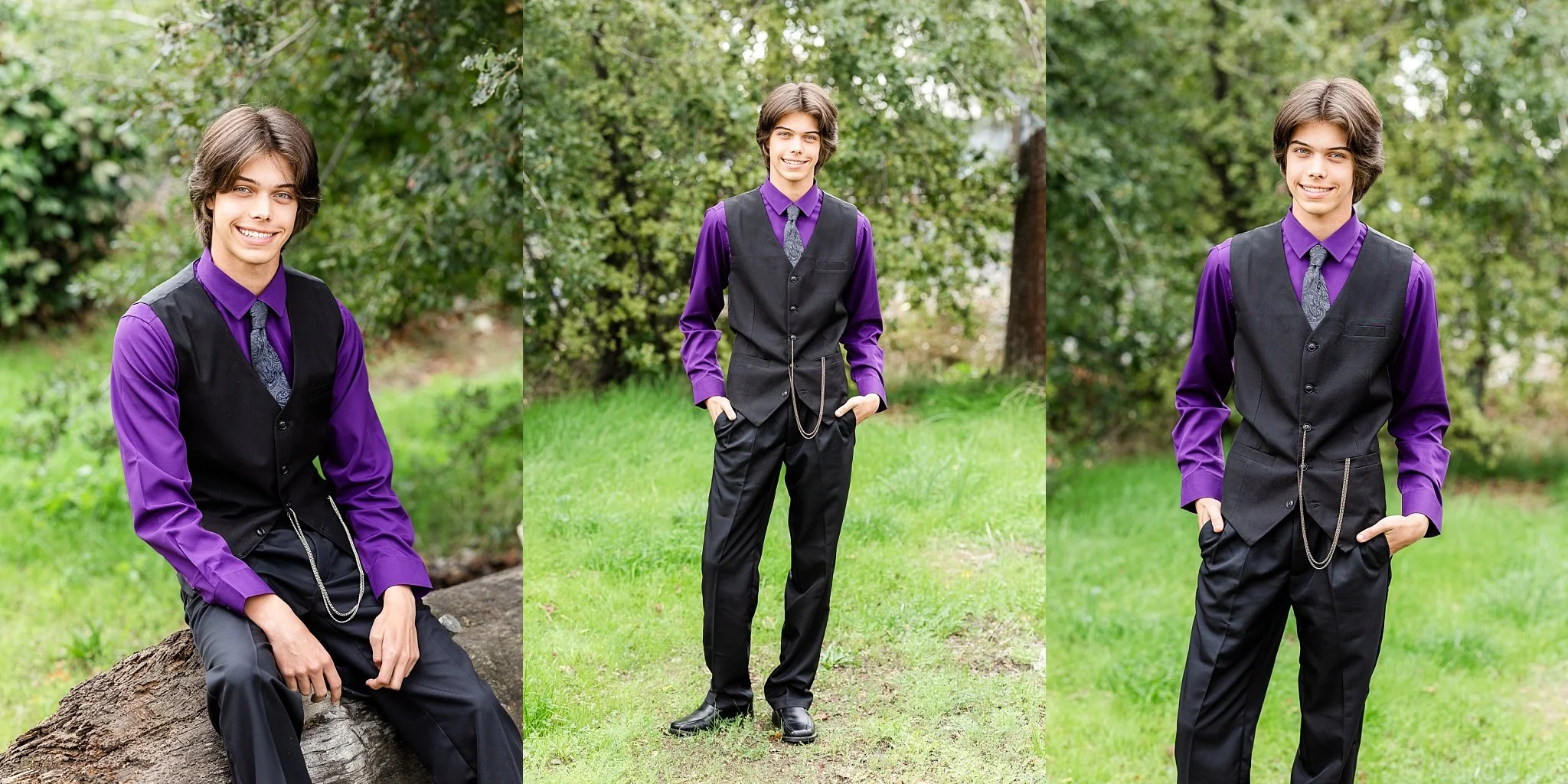 •	Senior portrait of Morgan Sherman Miller standing in a grassy area in Old Elk Grove wearing a purple shirt, black vest, and black pants
