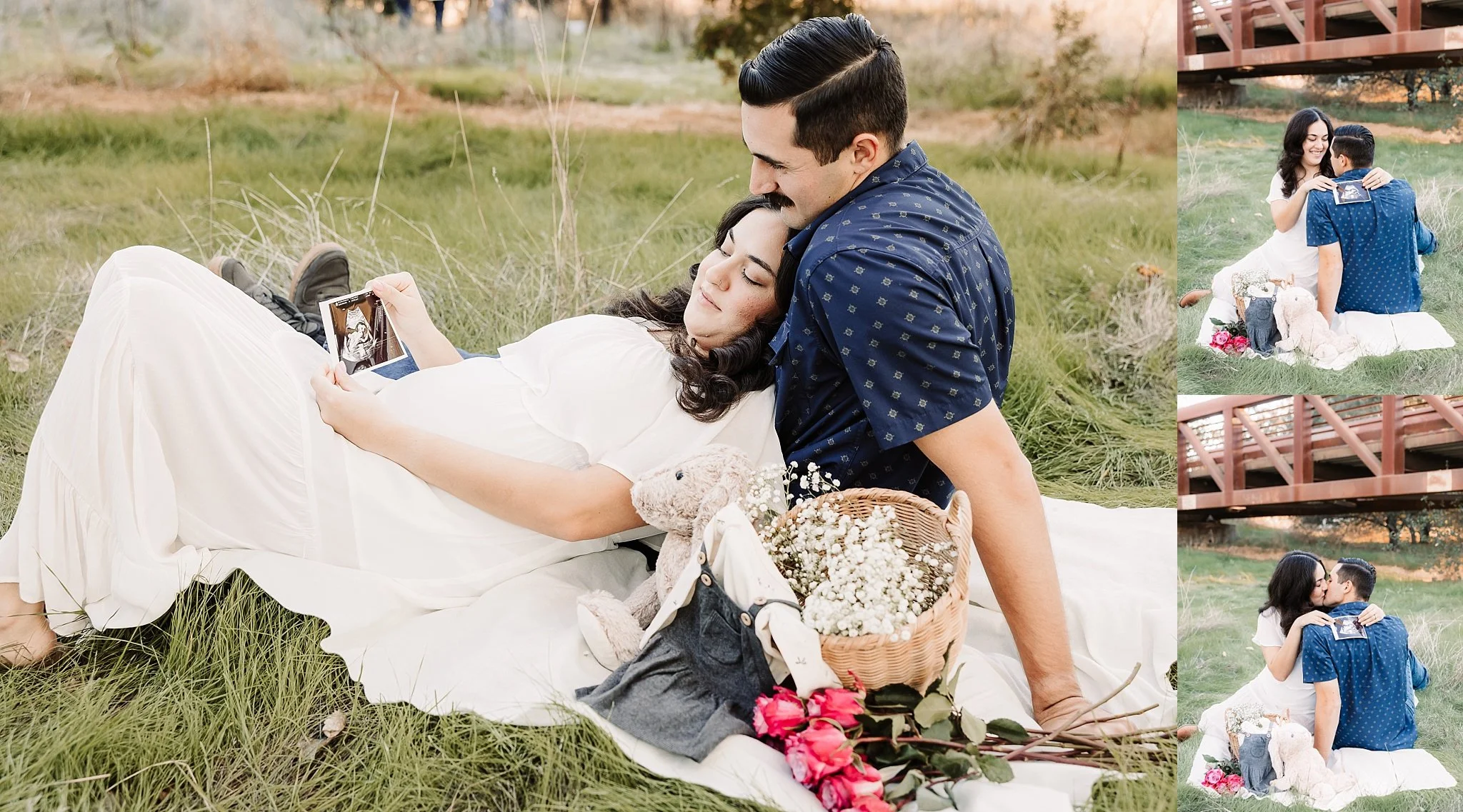 Elk Grove maternity photography session at Jack Hill Park featuring Rebecca and Bryant Cuneo sharing a quiet moment with ultrasound photo