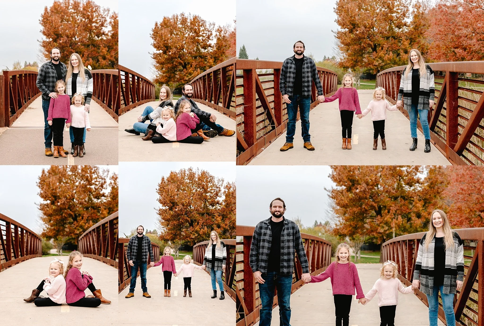 The Lewis family photographed together on a bridge surrounded by fall trees at Camden Lake Park