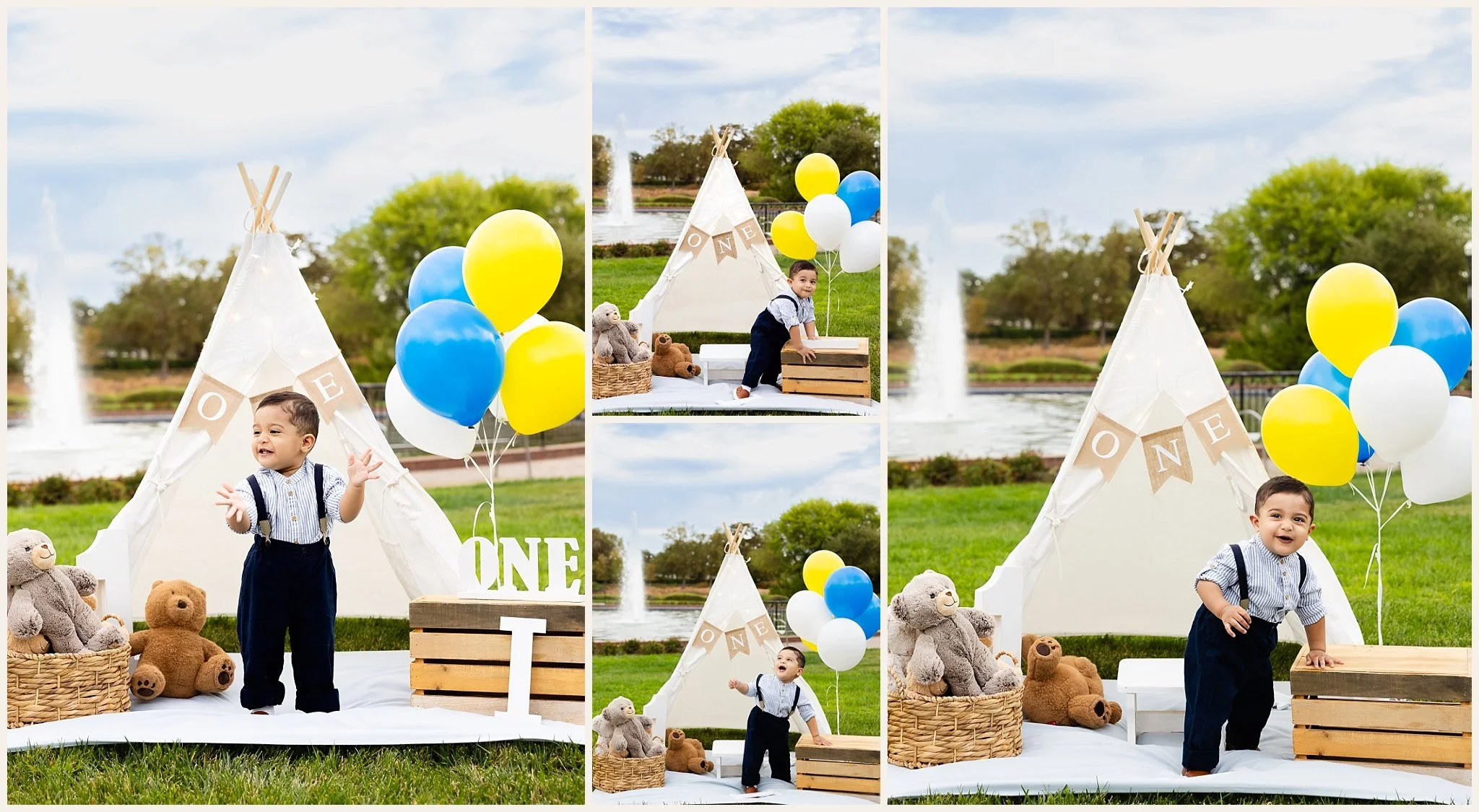 Collage of Ismail in a blue striped shirt with dark blue pants and suspenders posing by a cream teepee with stuffed animals, ONE letters, and balloons.