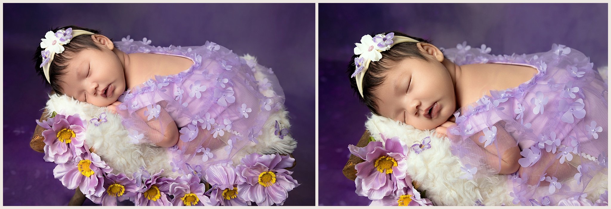 Sophie wearing a purple outfit with a floral headband, posed on a wooden curved bench during her newborn session