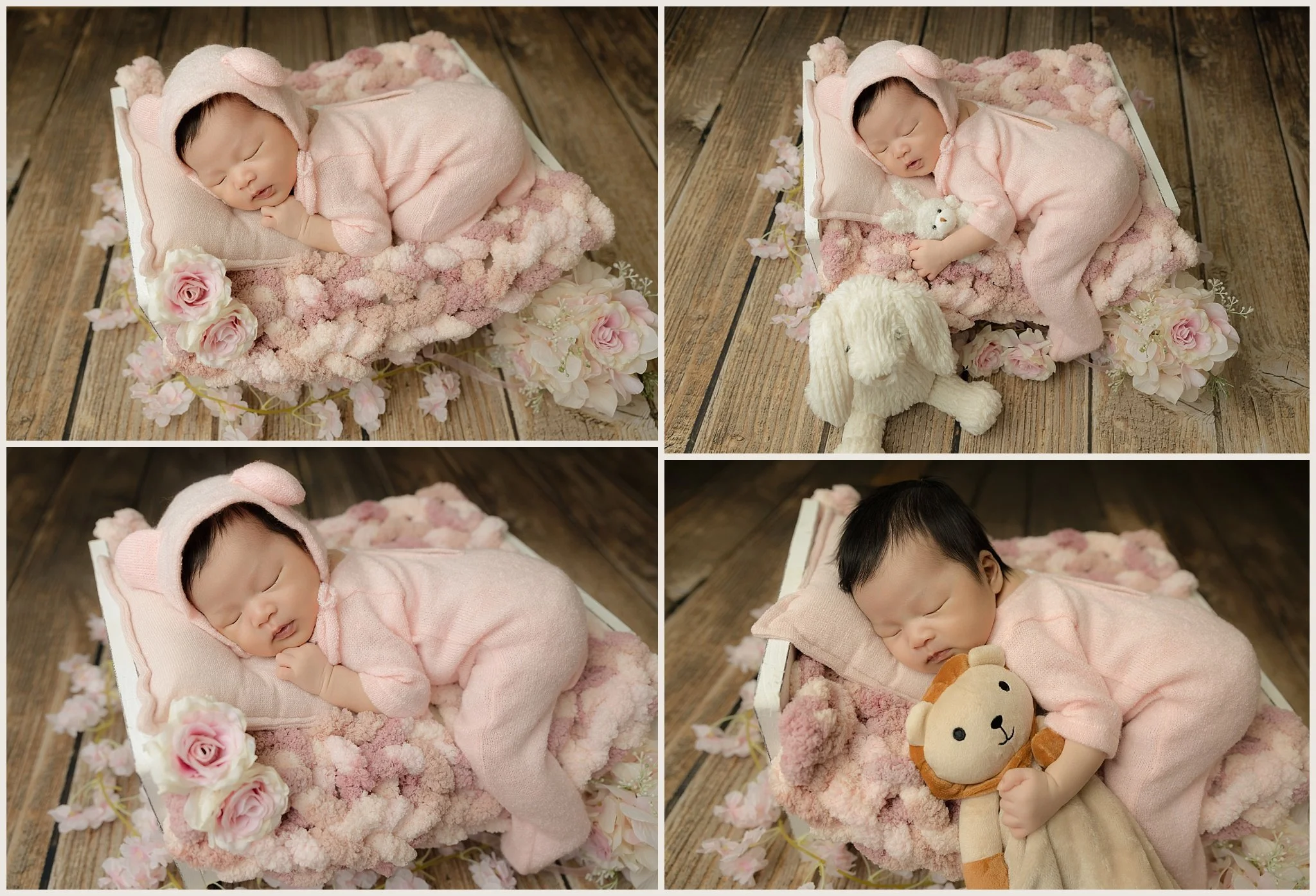 Raeliana sleeping on a small white bed in a pink outfit and bonnet, surrounded by pink blankets, flowers, and bunny props.
