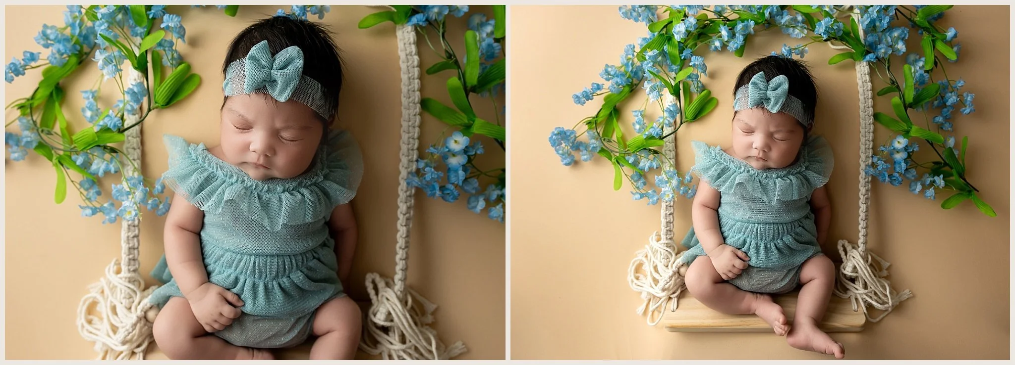 Hazel Love Chavez sleeping peacefully in a floral swing while wearing a teal dress during her newborn photography session in Elk Grove.