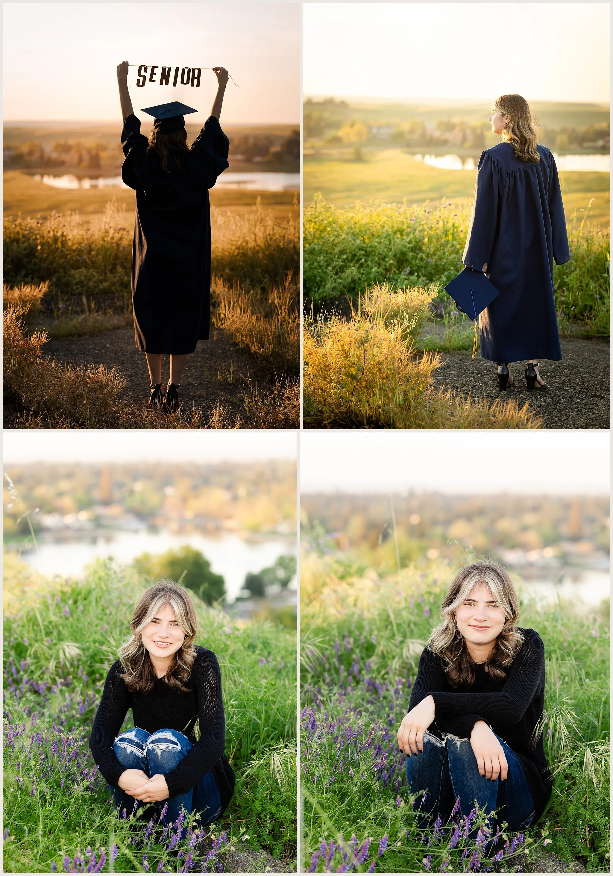 Senior girl holding senior banner at sunset on hill overlooking Rancho Murieta landscape