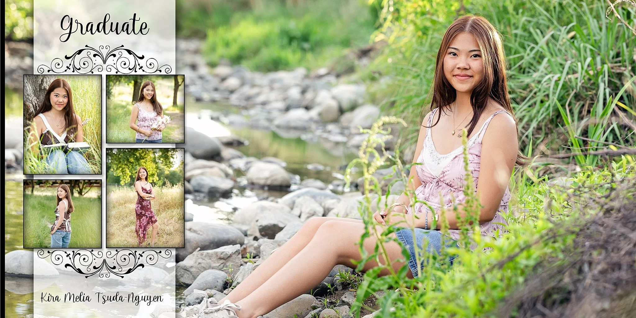 Senior girl sitting by creek at Jack Hill Park in Elk Grove during golden hour
