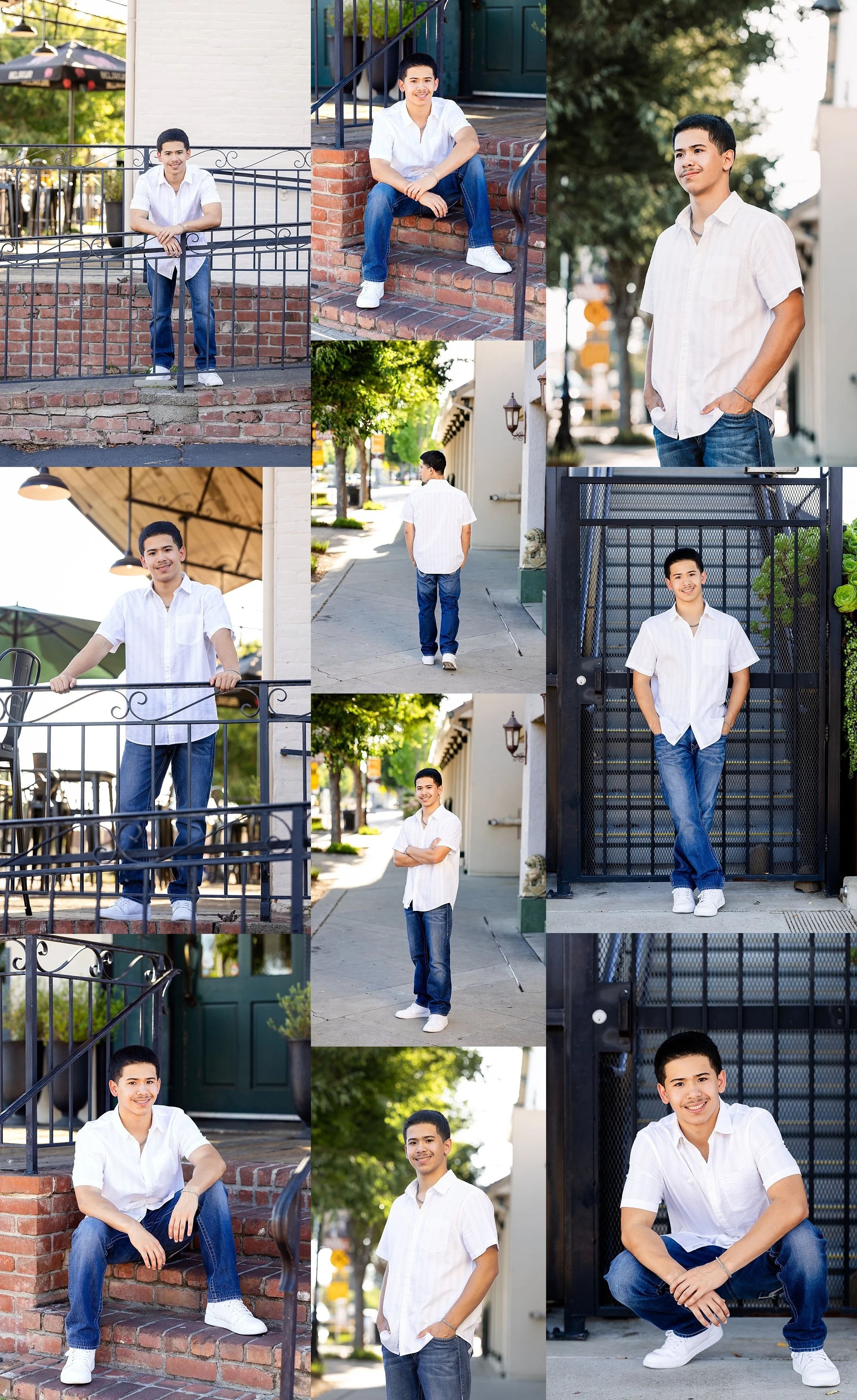 Senior portrait session of Isaiah Le in Old Elk Grove using downtown storefronts, stairs, and sidewalks