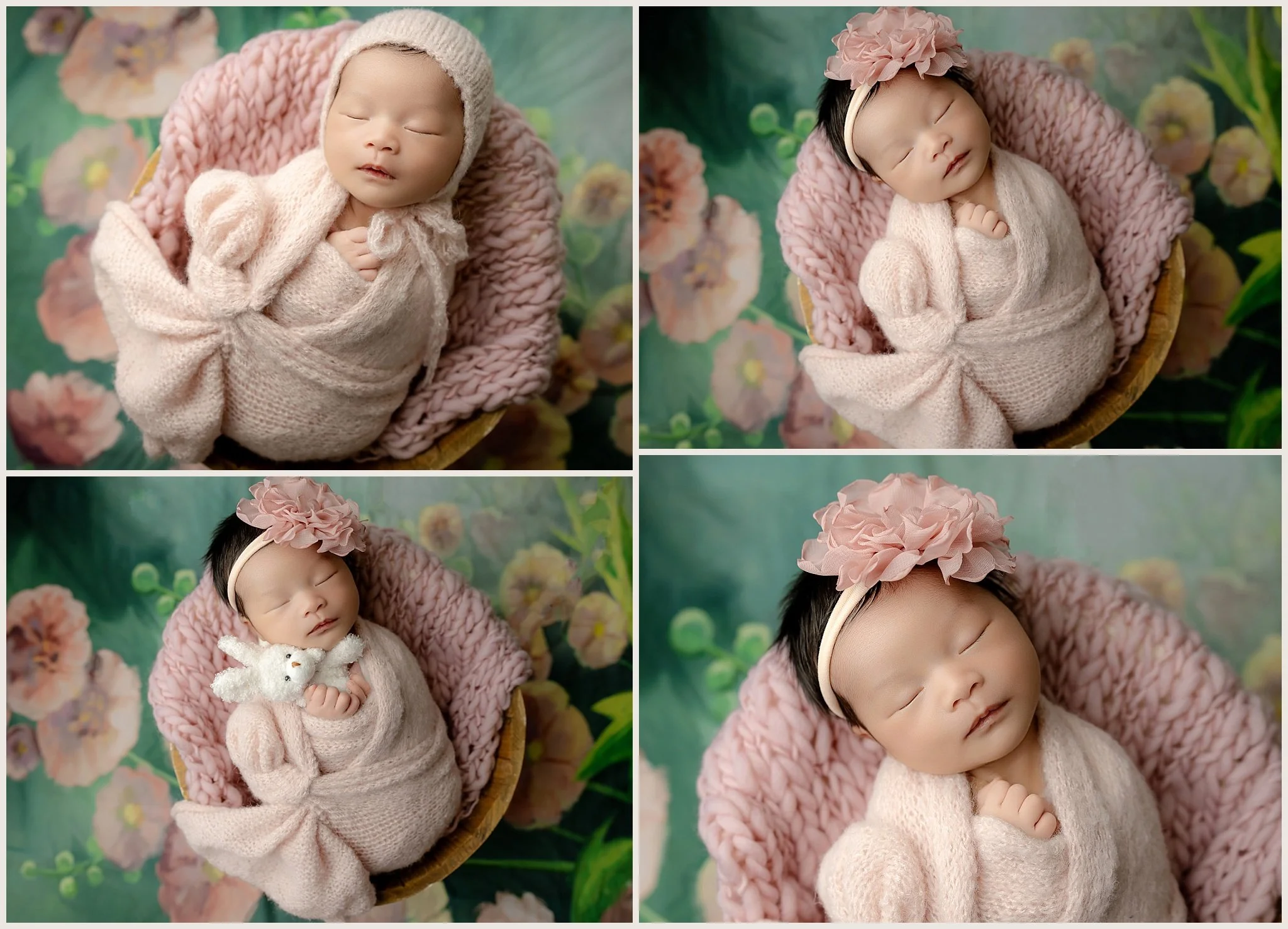Raeliana posed asleep in a wooden basket with a pink knit layer against a green floral backdrop, wearing pink newborn accessories.