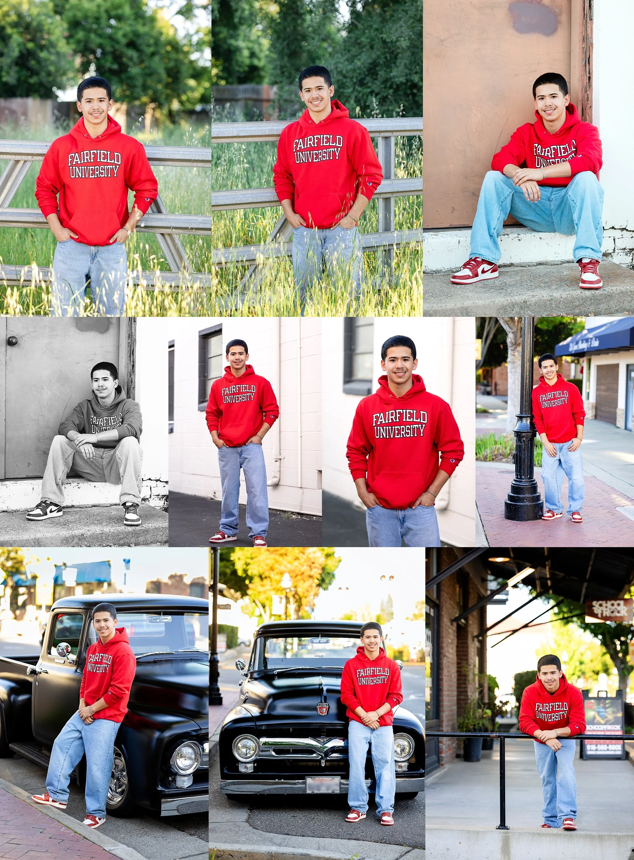 Downtown Elk Grove senior photos of Isaiah Le featuring Fairfield University college sweatshirt and vintage truck