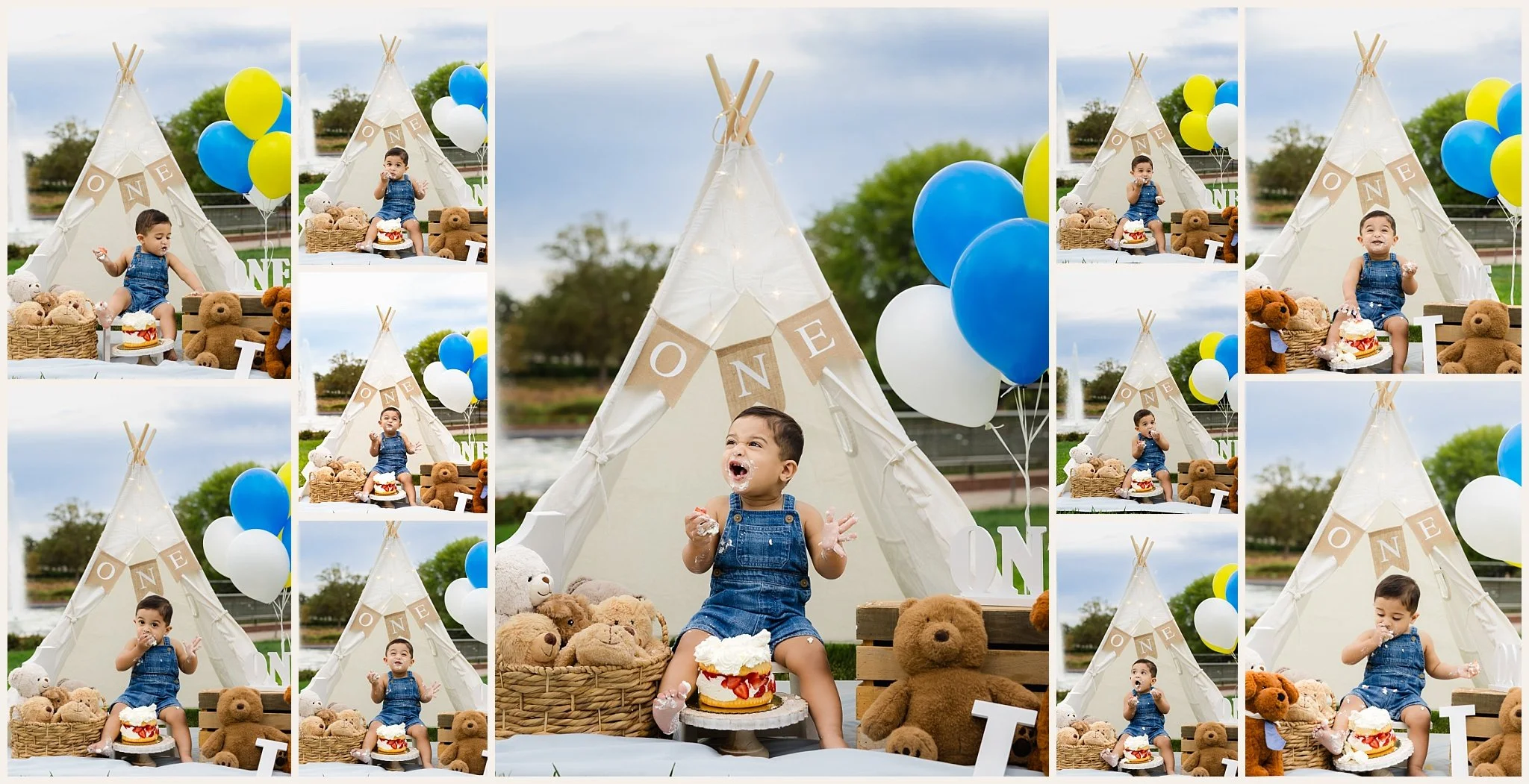 Collage of Ismail smiling while eating his strawberry cake with frosting covering his hands, face, and one foot during his Cake Smash Session.