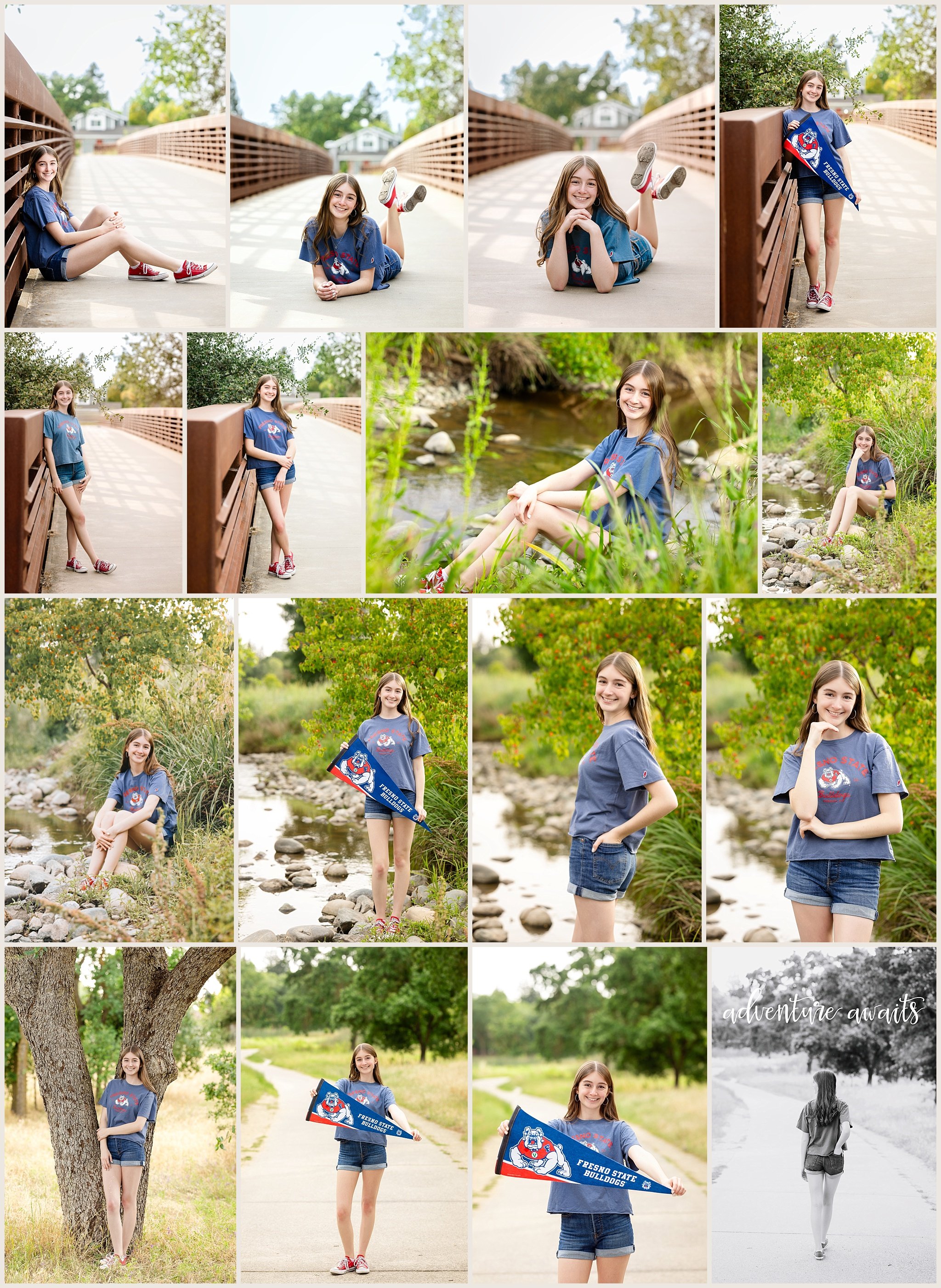 senior girl wearing Fresno State shirt holding pennant on bridge at Jack Hill Park Elk Grove