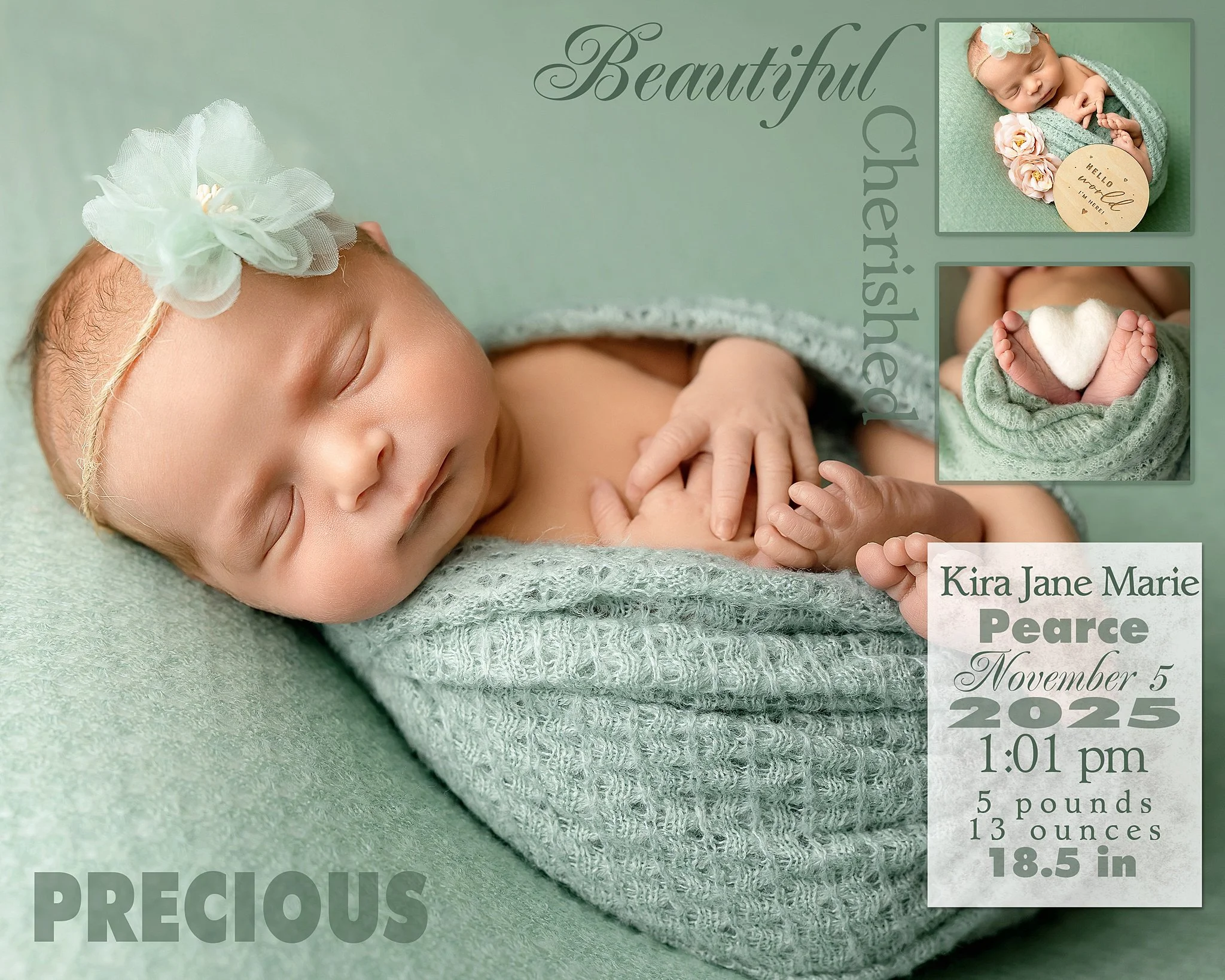 Newborn portrait collage of baby girl Kira Jane Marie Pearce featuring soft florals, green tones, and birth details