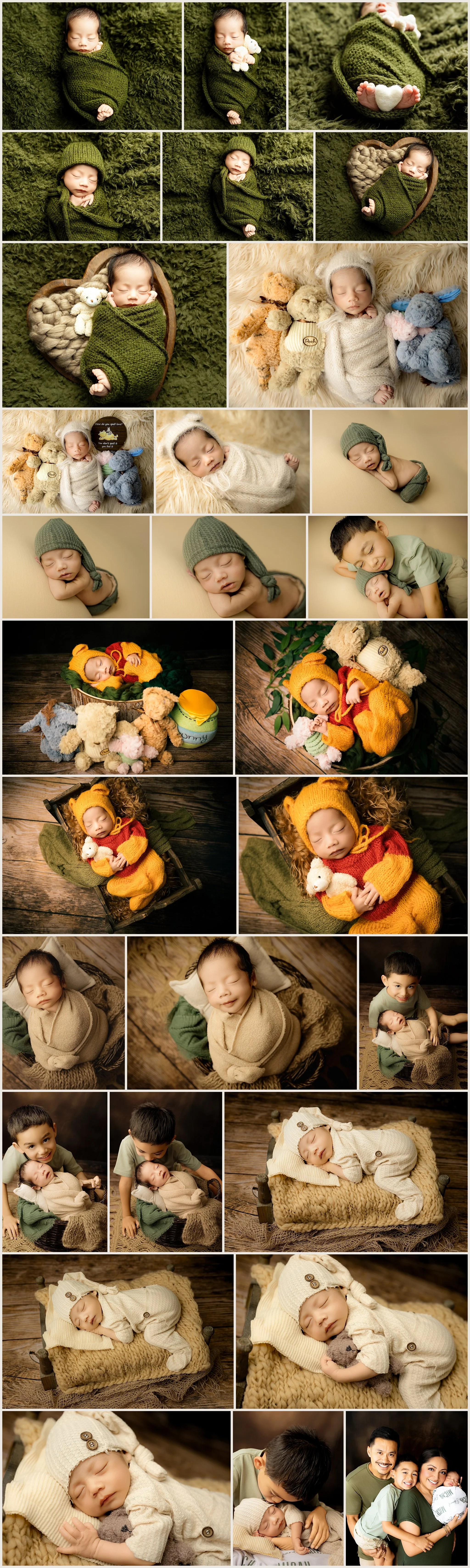 Collage from Micah Edward Ferrer's newborn photography session featuring earthy green wraps, neutral newborn setups, vintage Winnie the Pooh details, sibling portraits, and family photos.