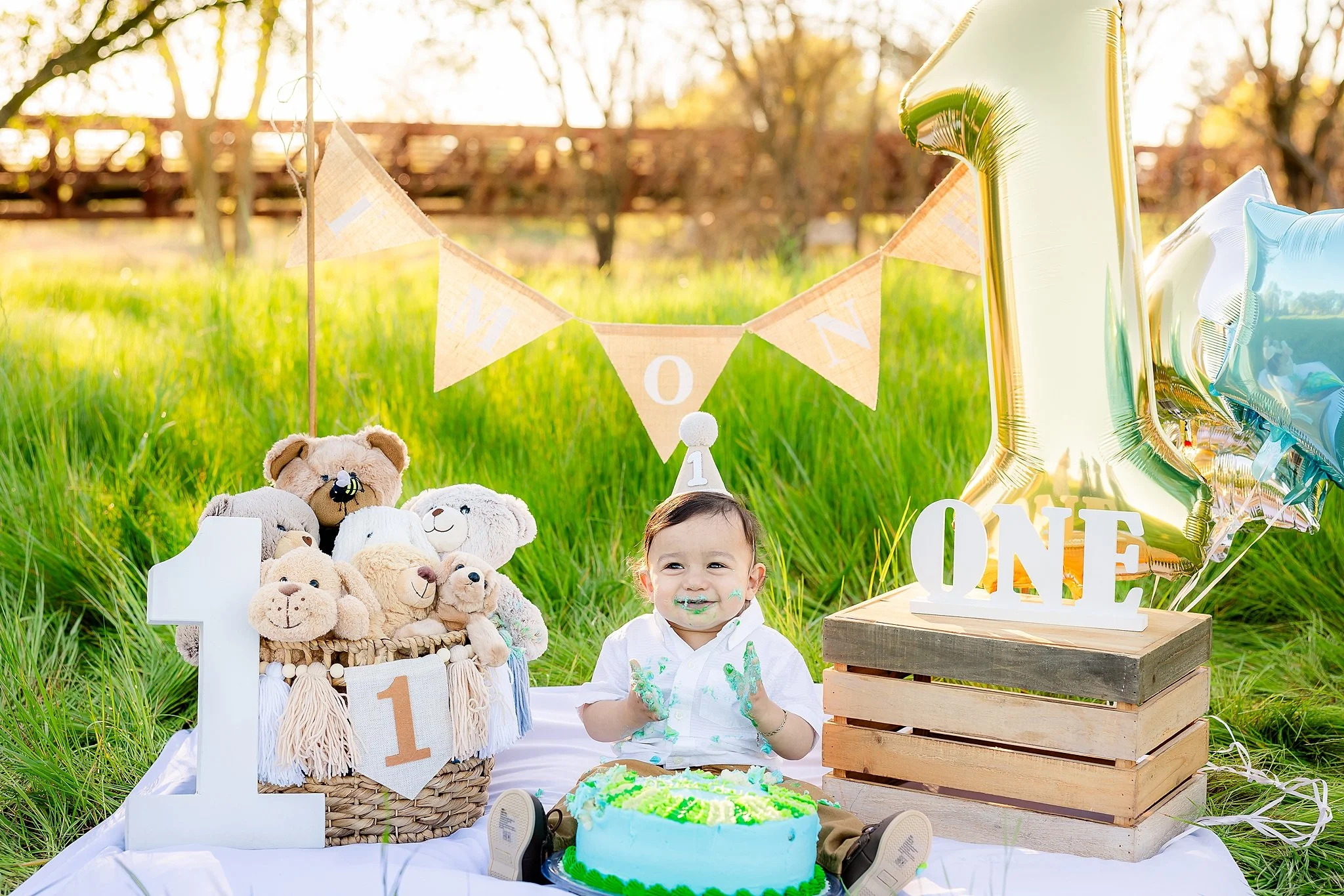 One-year-old boy celebrating his first birthday with a cake smash during an outdoor milestone photography session in Elk Grove, California.