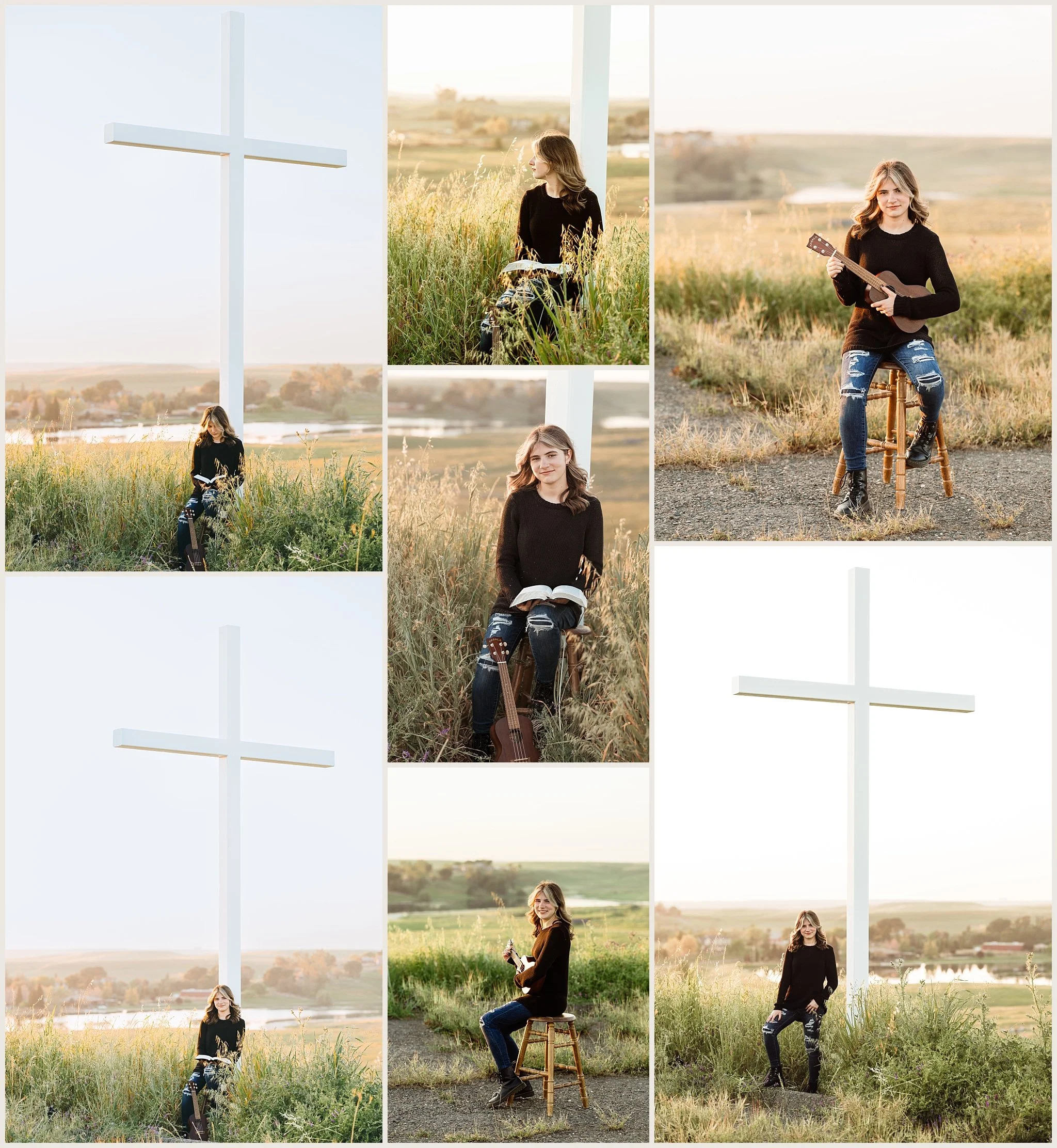 Senior girl sitting near cross reading Bible during sunset senior session in Rancho Murieta