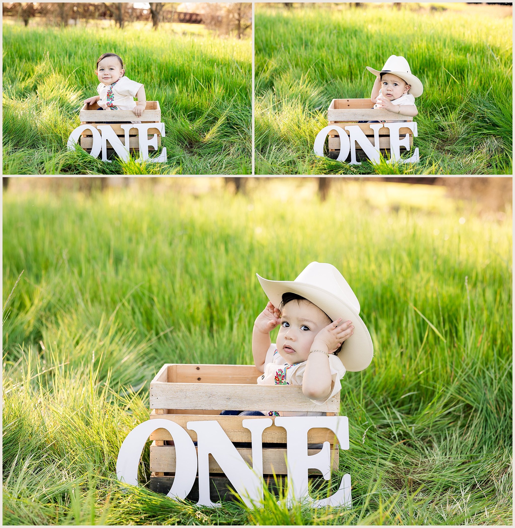 Baby boy sitting inside wooden crate with “ONE” letters during outdoor first birthday milestone photos at Jack Hill Park in Elk Grove.