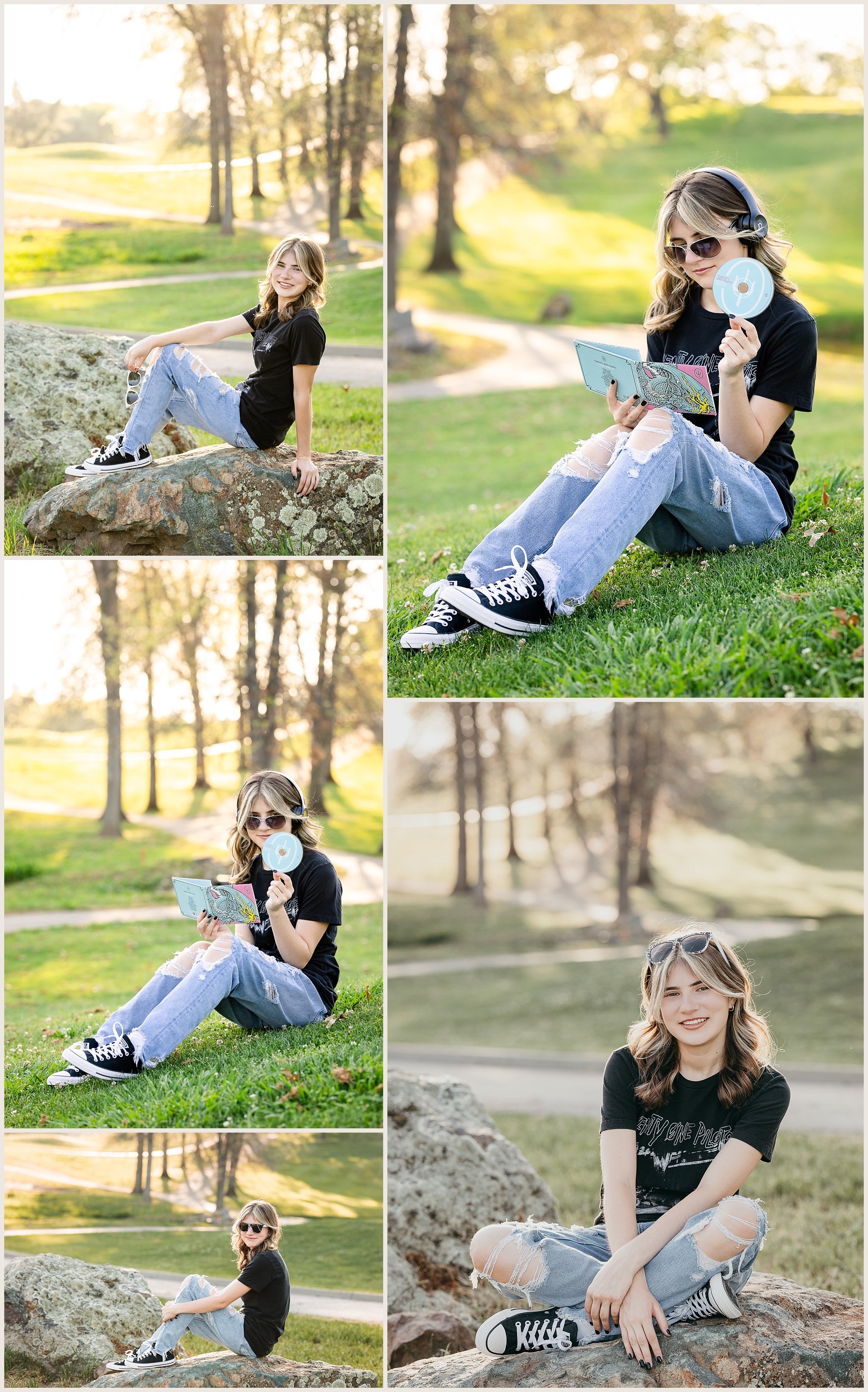 Senior girl sitting on large rock on golf course during golden hour senior session in Rancho Murieta
